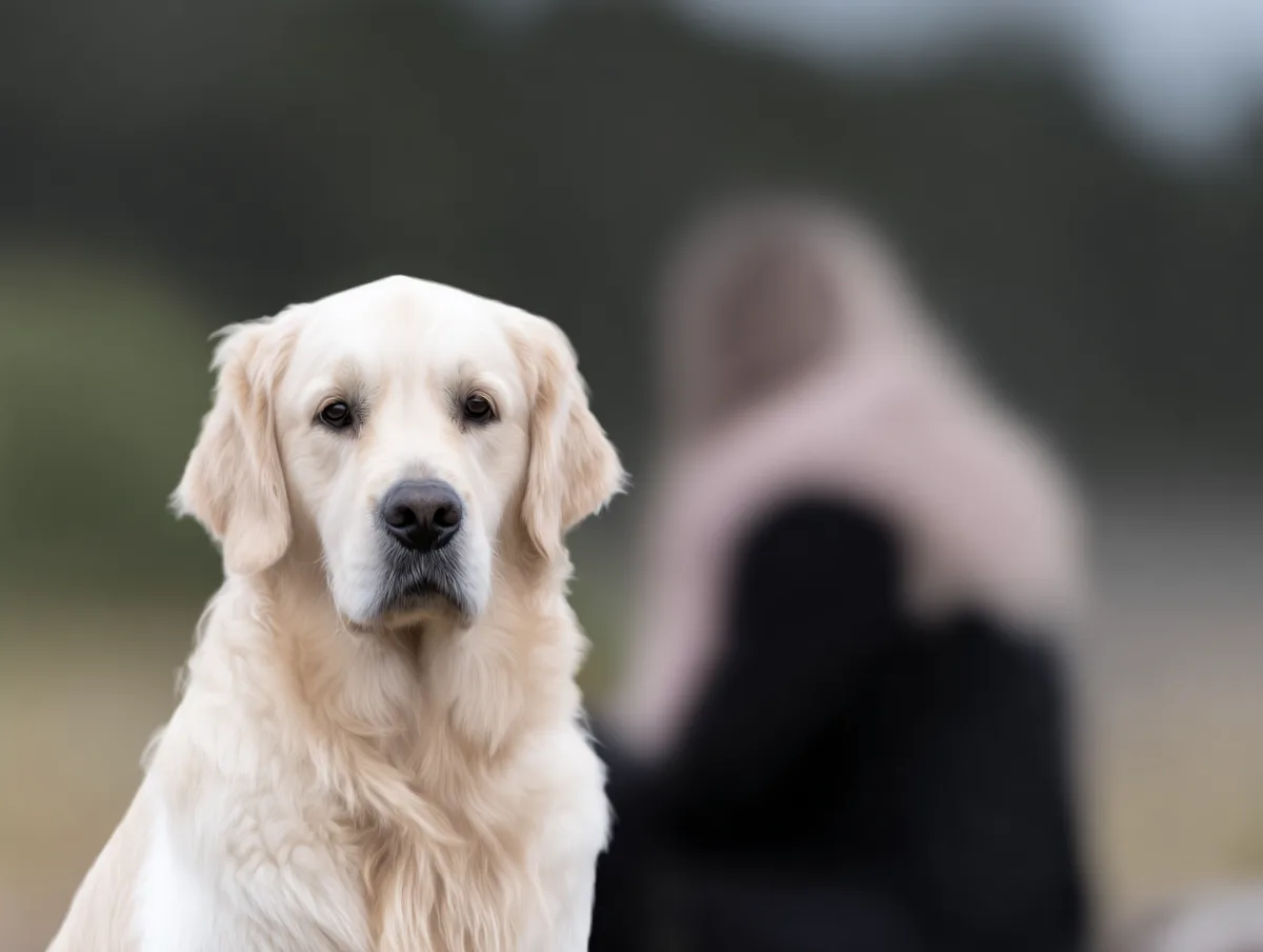 A calm adult Golden Retriever resting near its person