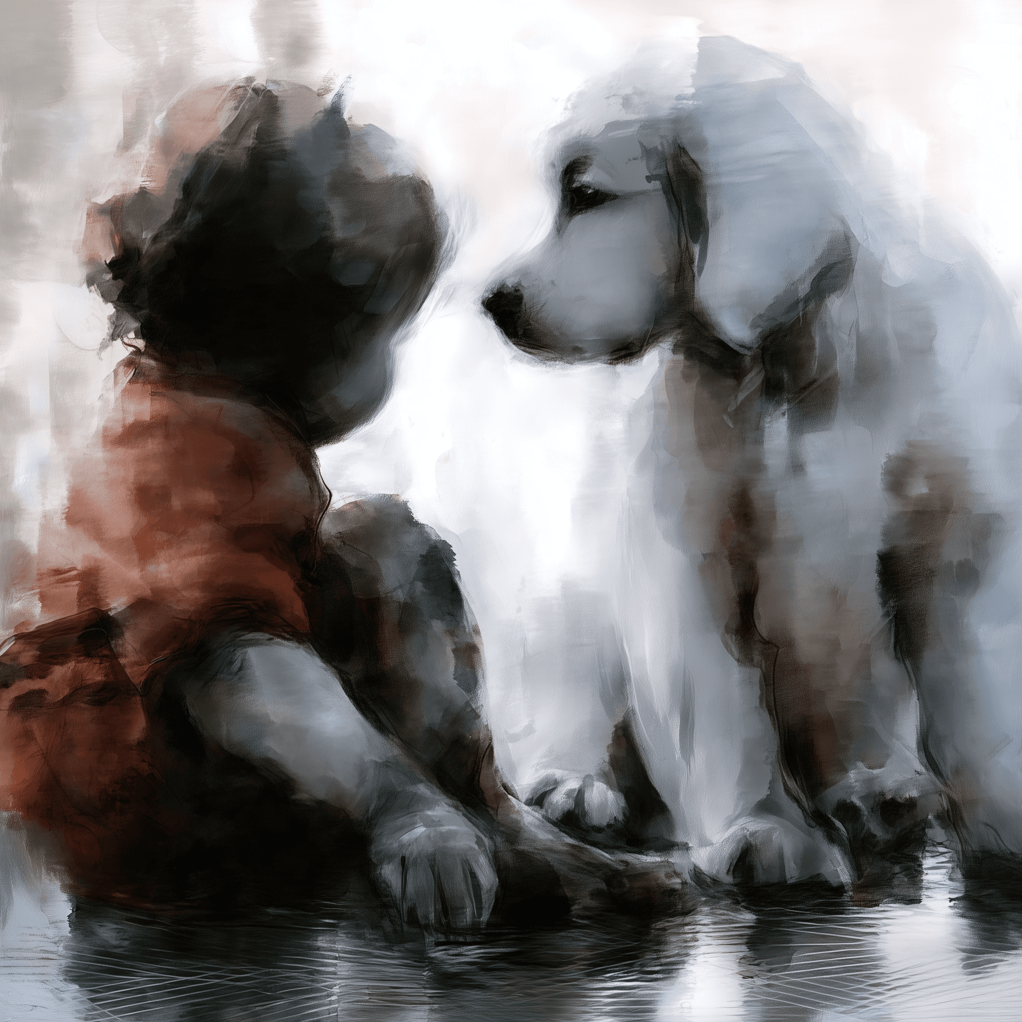 Artwork — golden retriever child with dog quiet moment watercolor 02