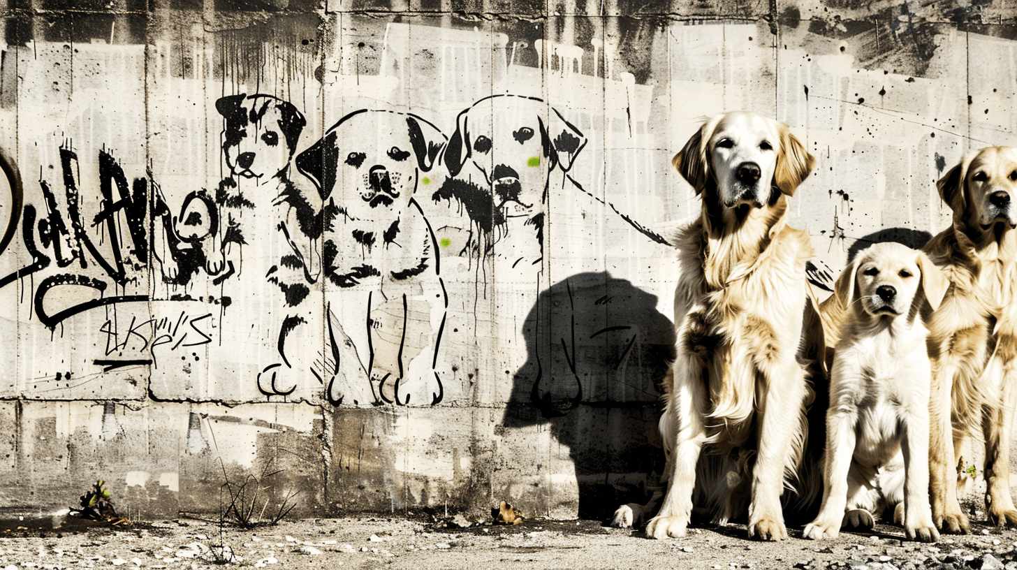 Artwork — golden retriever family scene playful street art 02