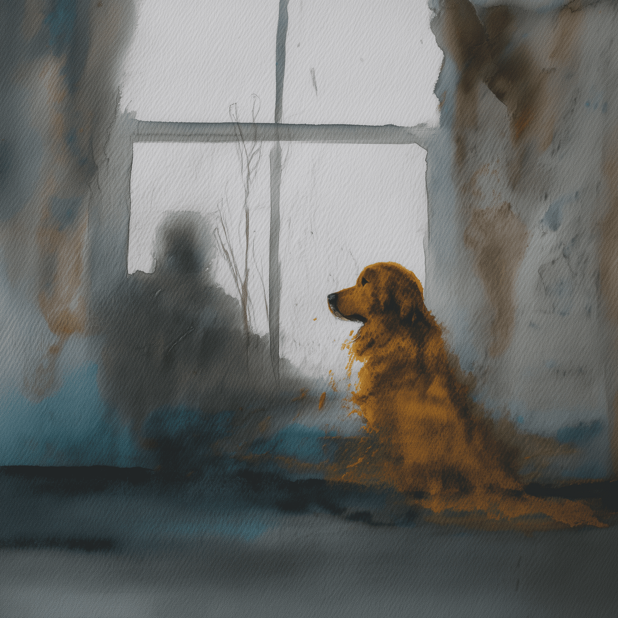 Artwork — golden retriever landscape scene reflective watercolor 04