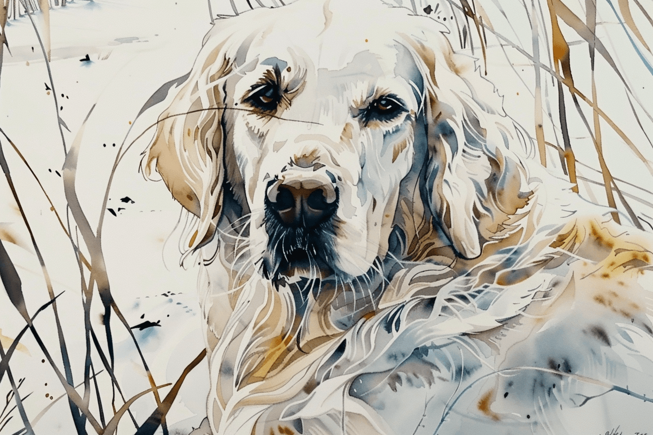 Artwork — golden retriever white golden marshland natural watercolor 03
