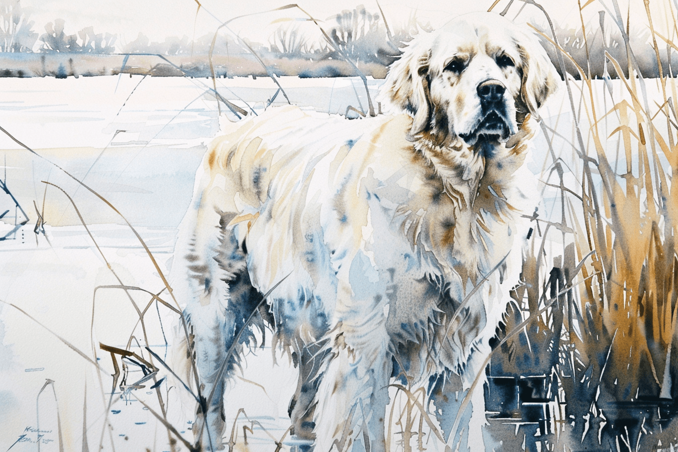 Artwork — golden retriever white golden marshland natural watercolor 07