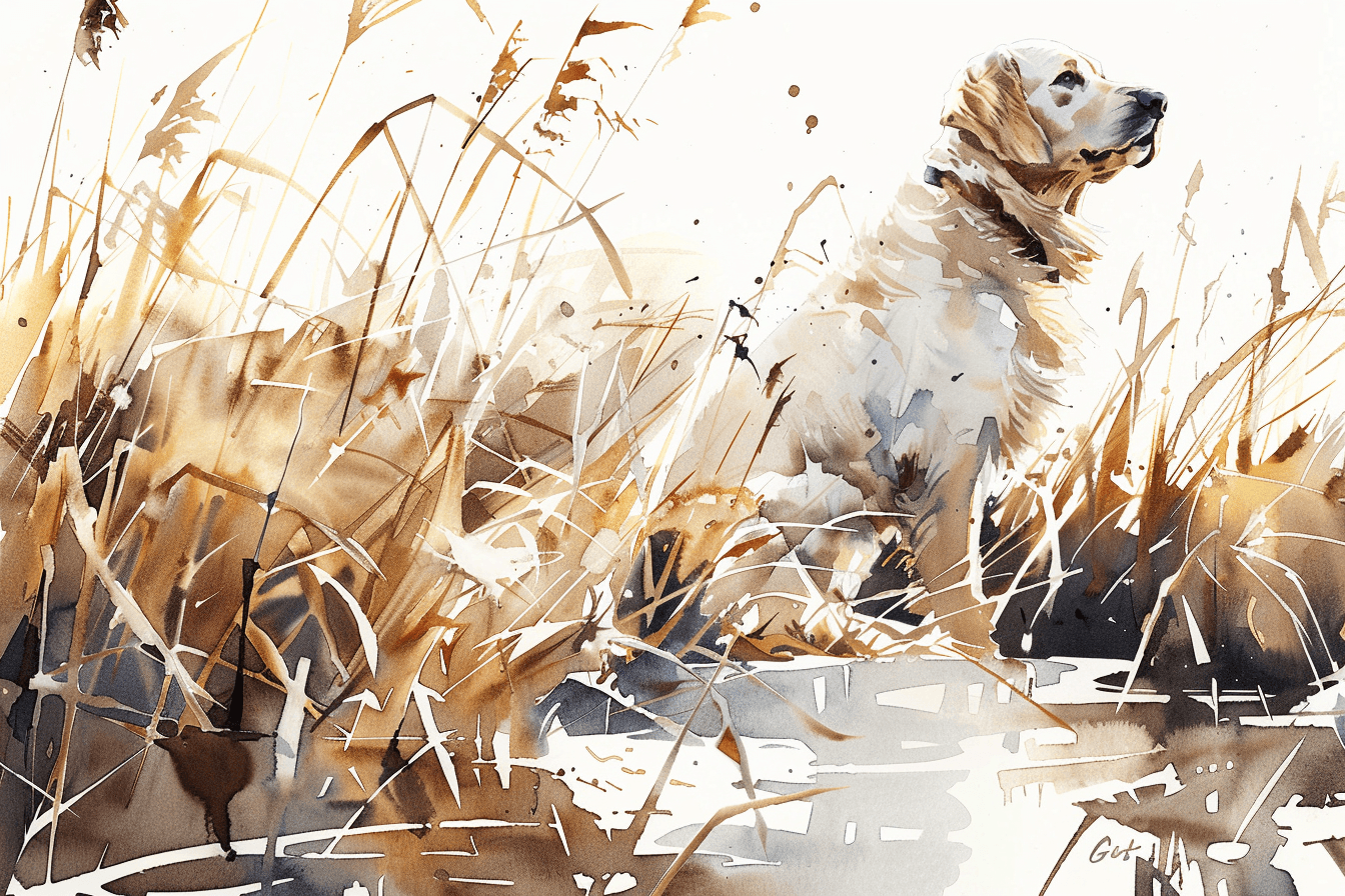 Artwork — golden retriever white golden marshland natural watercolor 11