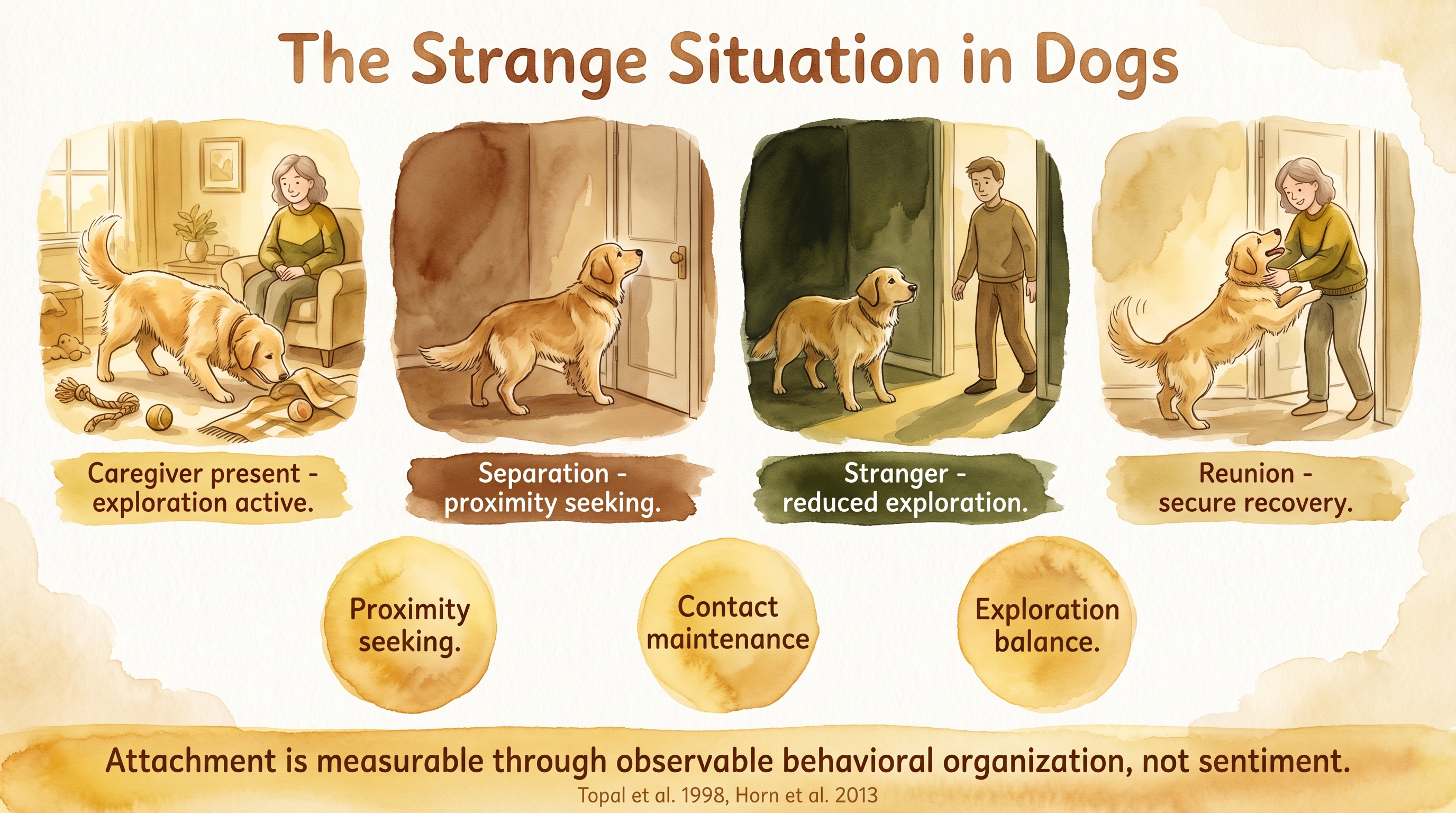 Infographic: Ainsworth Strange Situation test phases in dogs measuring attachment behavior - Just Behaving Wiki