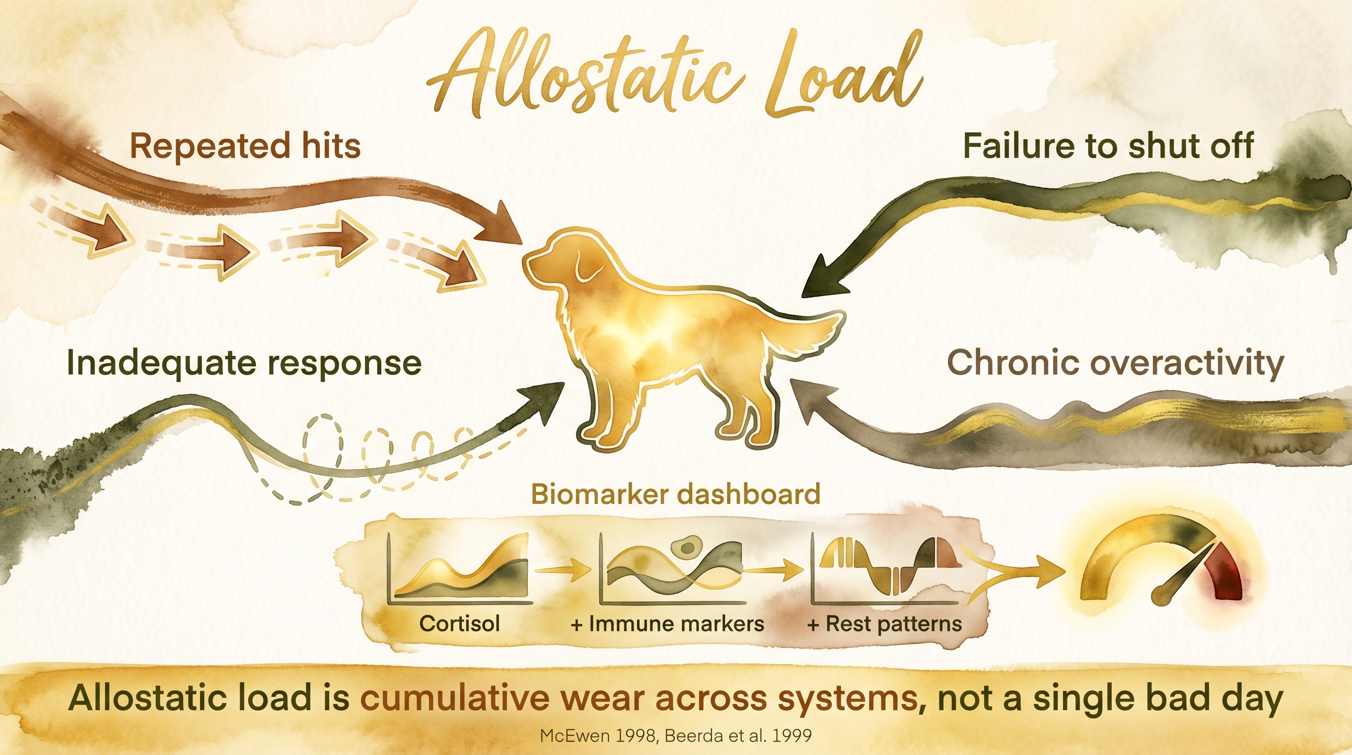 Infographic: Allostatic load showing four routes to cumulative physiological burden - Just Behaving Wiki