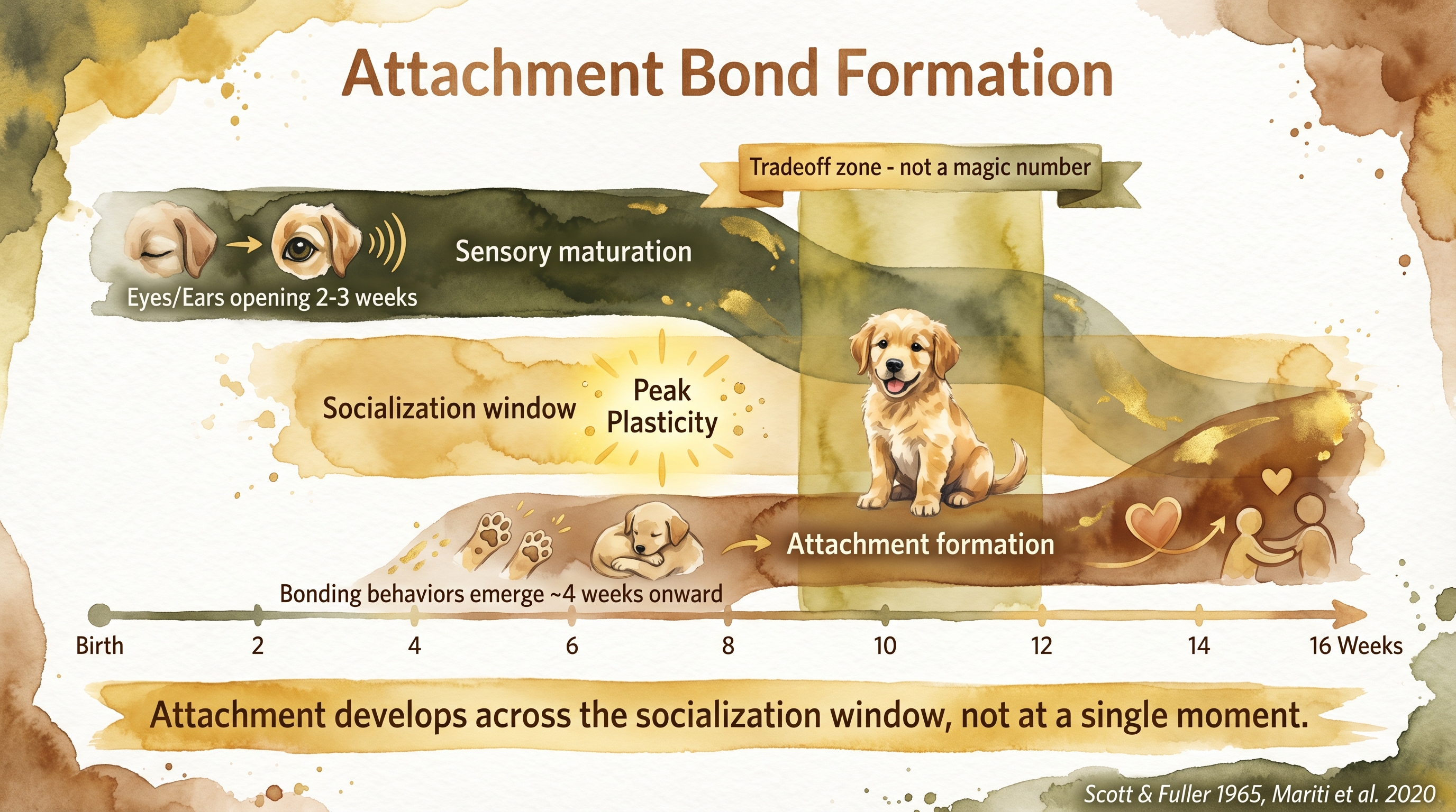 Infographic: Attachment bond formation timeline from initial contact through consolidation - Just Behaving Wiki