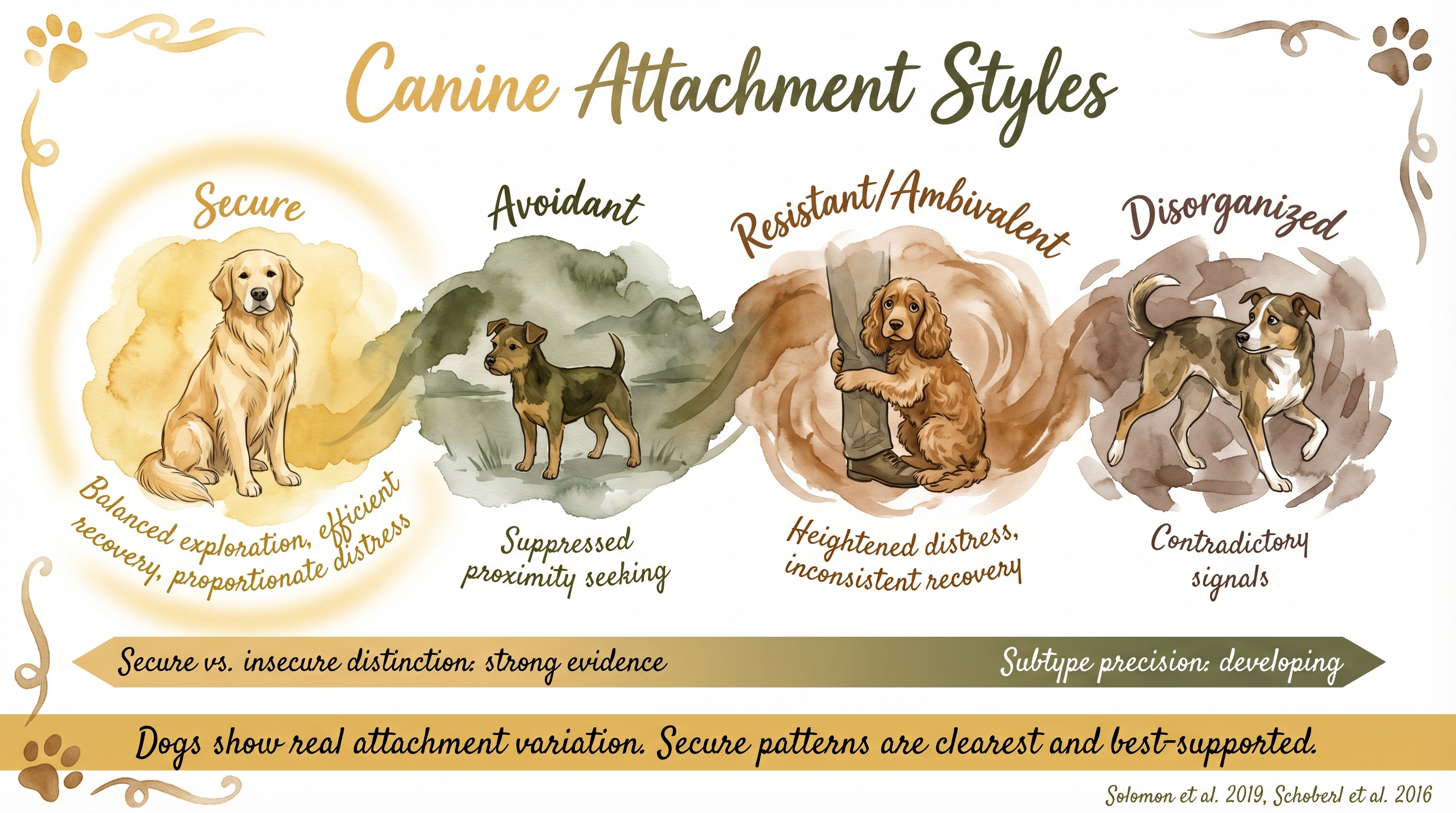 Infographic: Canine attachment styles showing secure, insecure-ambivalent, and insecure-avoidant patterns - Just Behaving Wiki