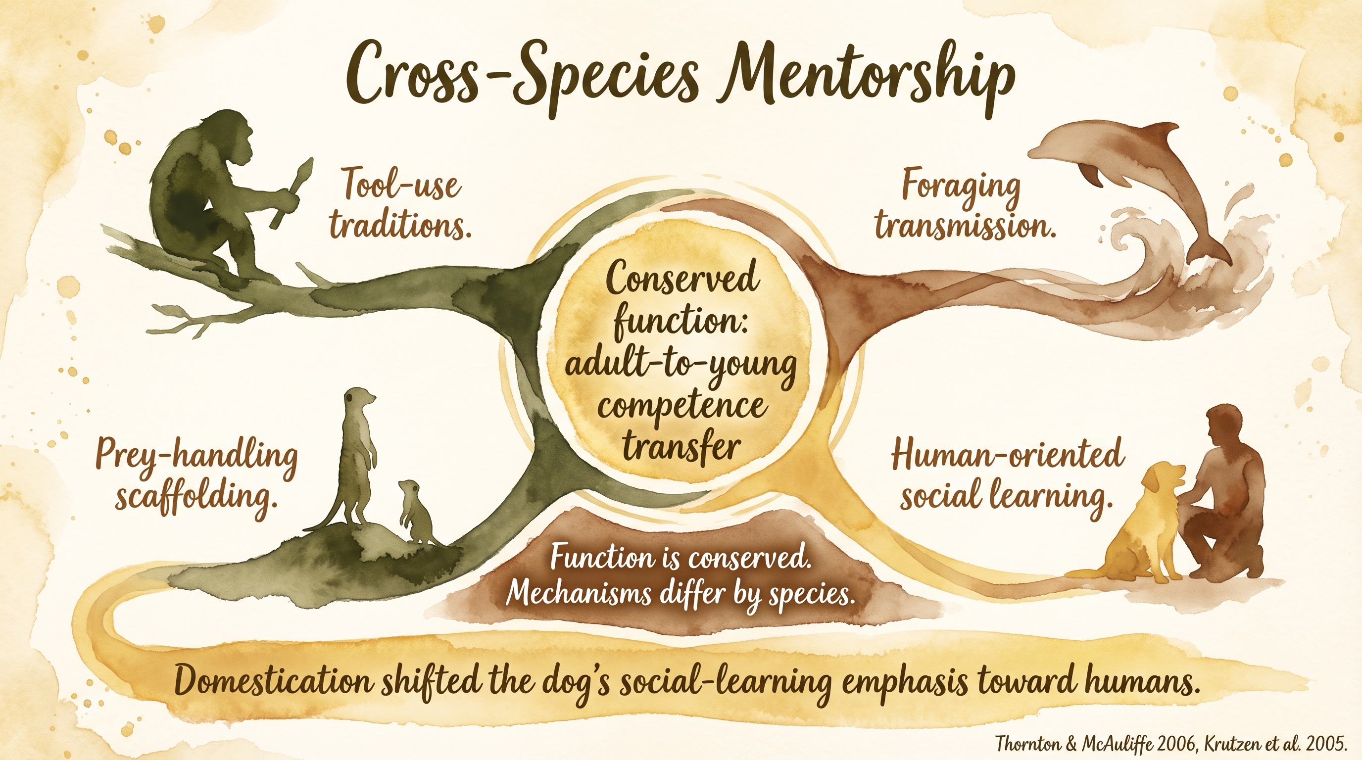 Infographic: Cross-species mentorship showing adult dog and human guiding puppy development - Just Behaving Wiki