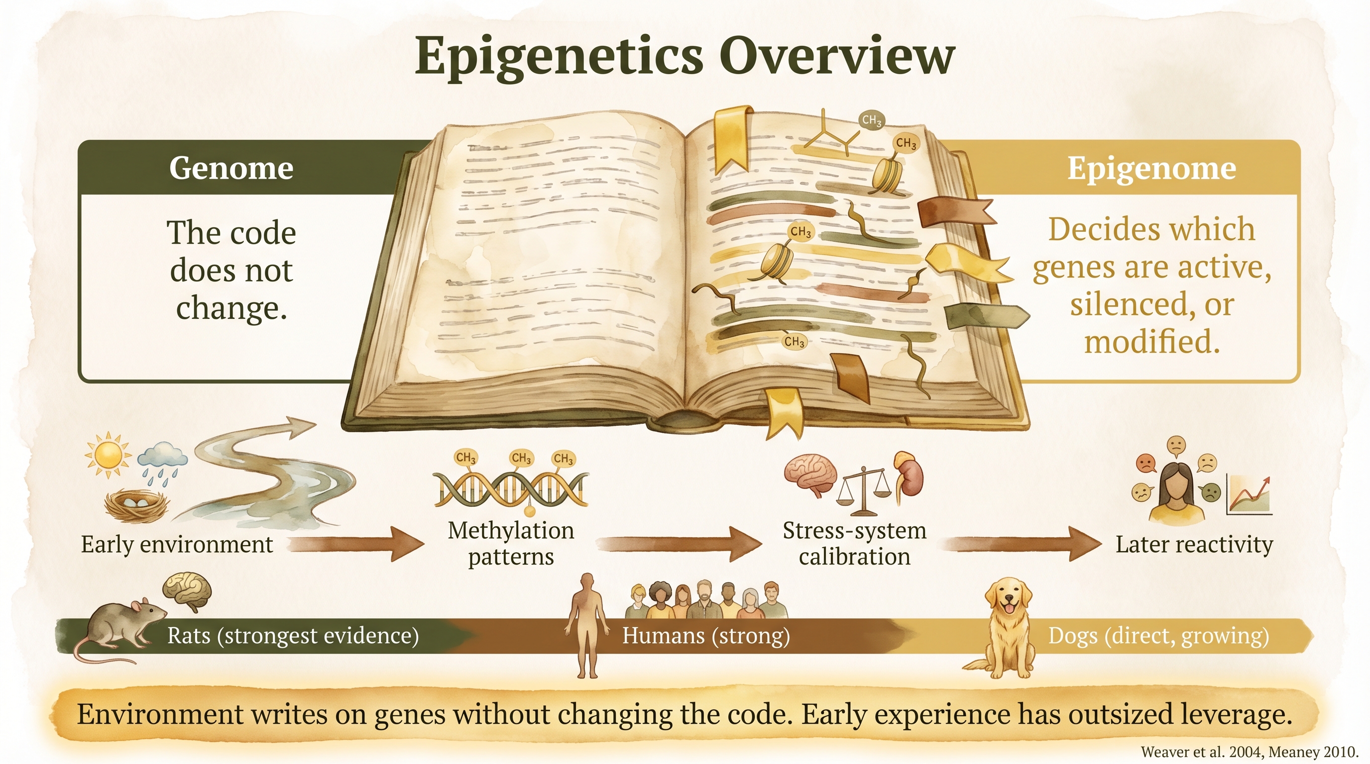 Infographic: Epigenetics overview showing mechanisms that regulate gene expression without changing DNA - Just Behaving Wiki