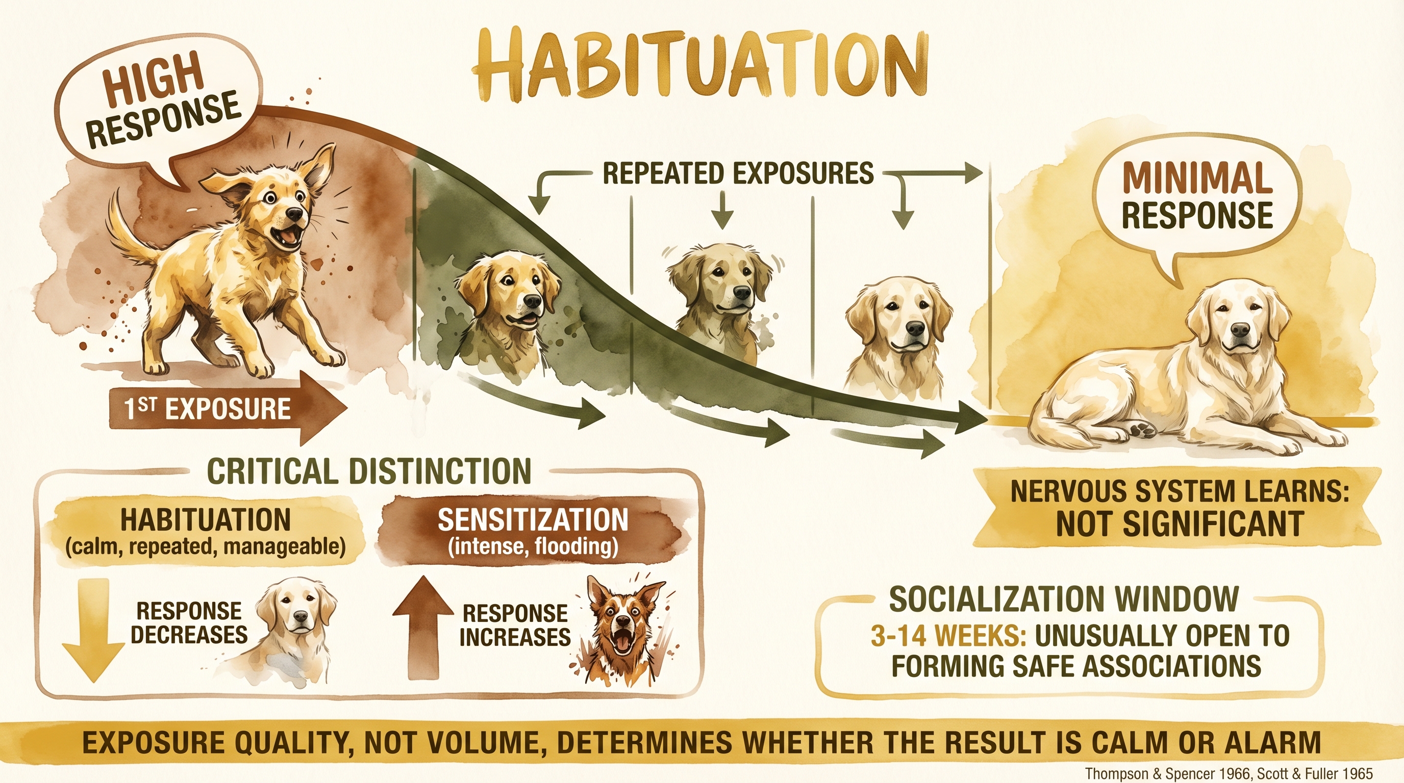 Infographic: Habituation showing declining response curve to repeated non-threatening stimuli - Just Behaving Wiki