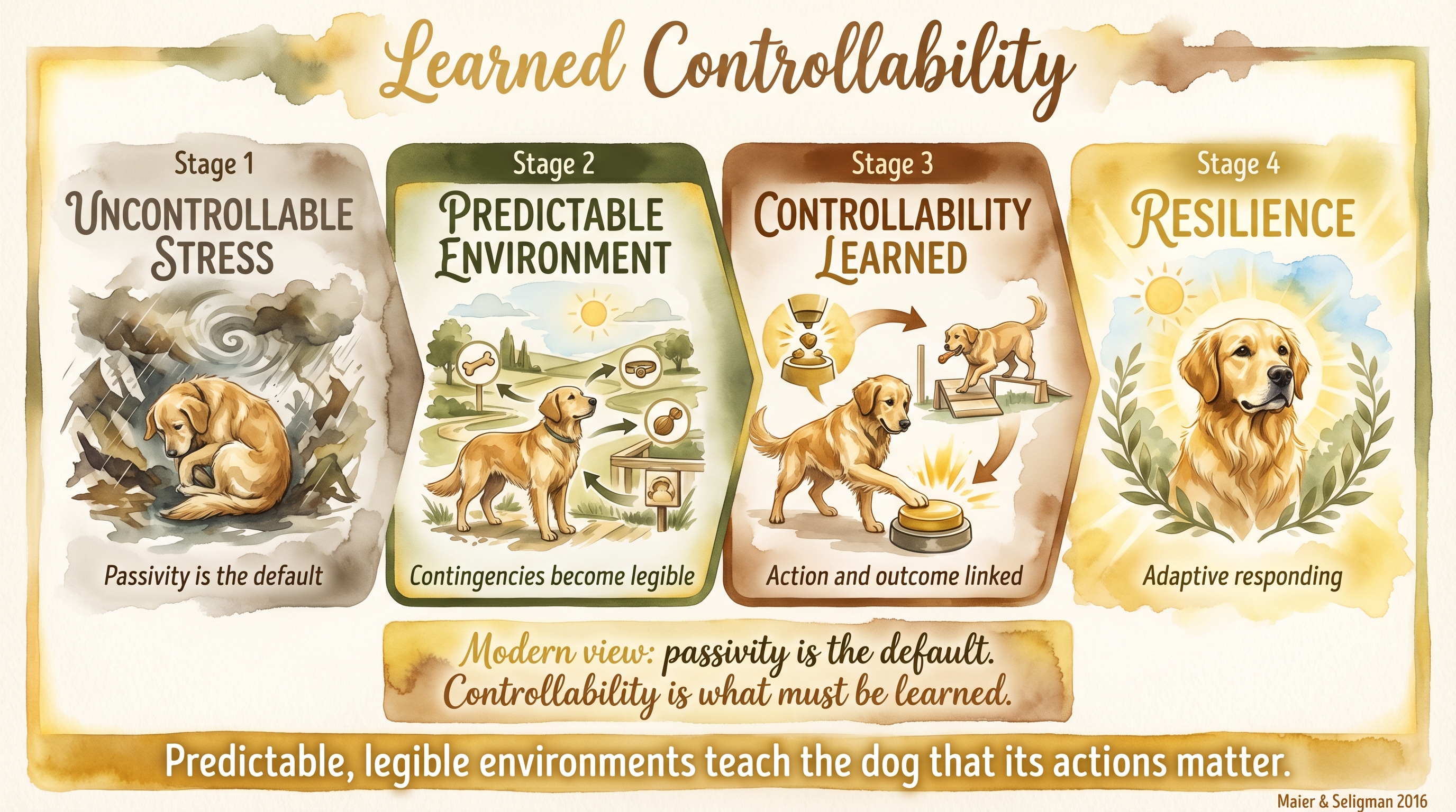 Infographic: Learned controllability and helplessness showing how predictability shapes coping - Just Behaving Wiki
