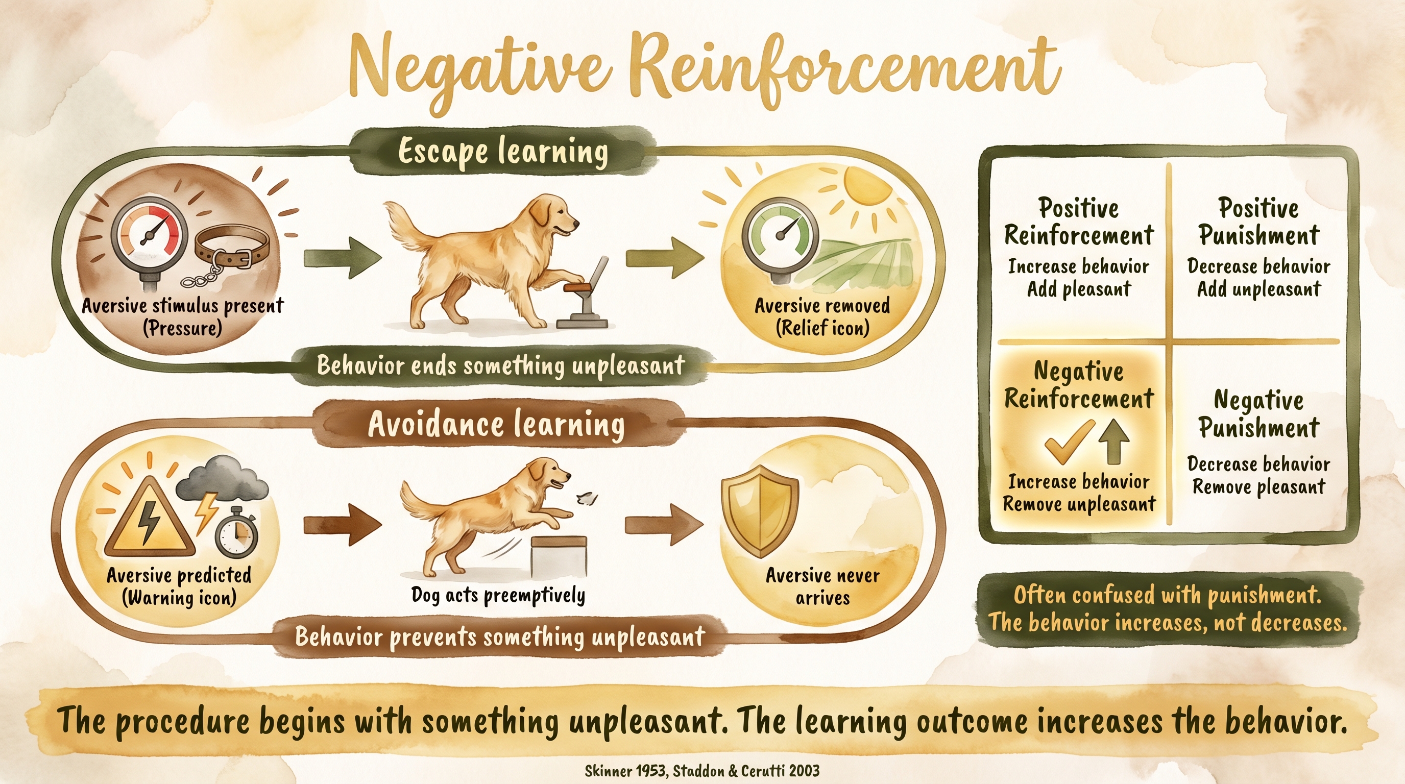 Infographic: Negative reinforcement showing behavior increase through aversive stimulus removal - Just Behaving Wiki