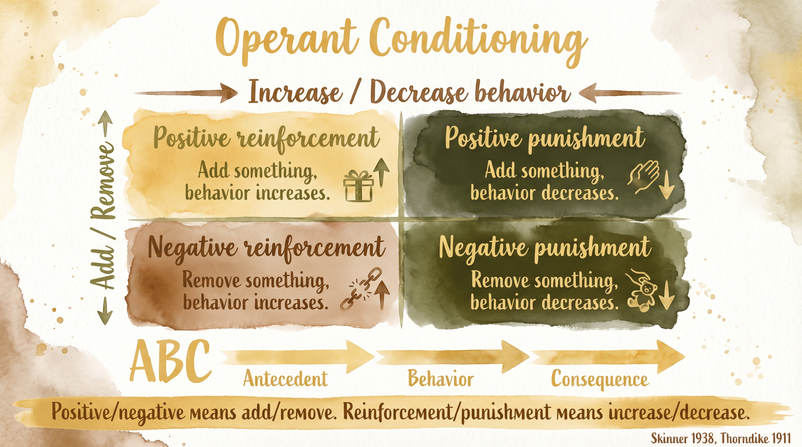 Infographic: Operant conditioning showing four quadrants of reinforcement and punishment - Just Behaving Wiki
