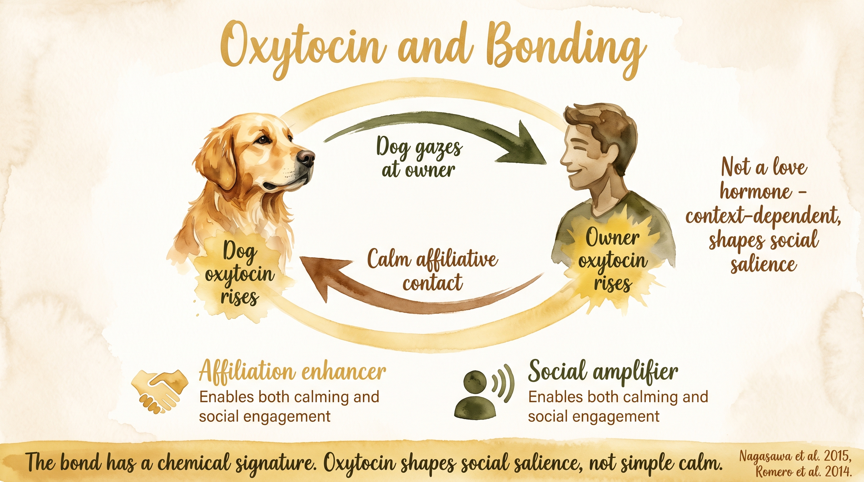 Infographic: Oxytocin and bonding showing mutual gaze loop between dog and human - Just Behaving Wiki