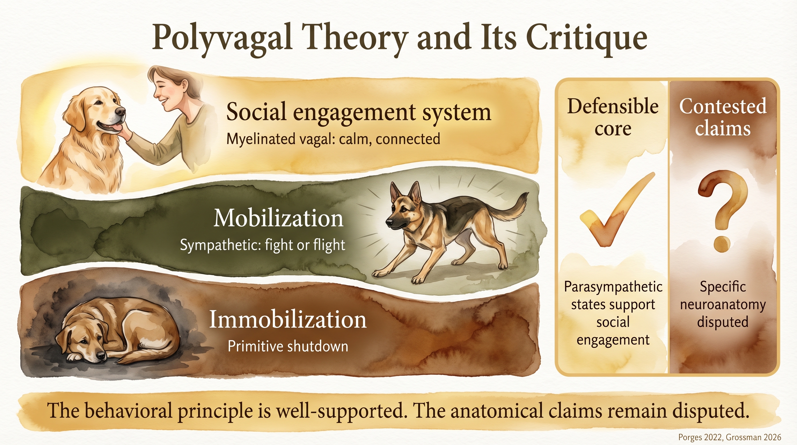 Infographic: Polyvagal theory showing three autonomic states and scientific critique - Just Behaving Wiki