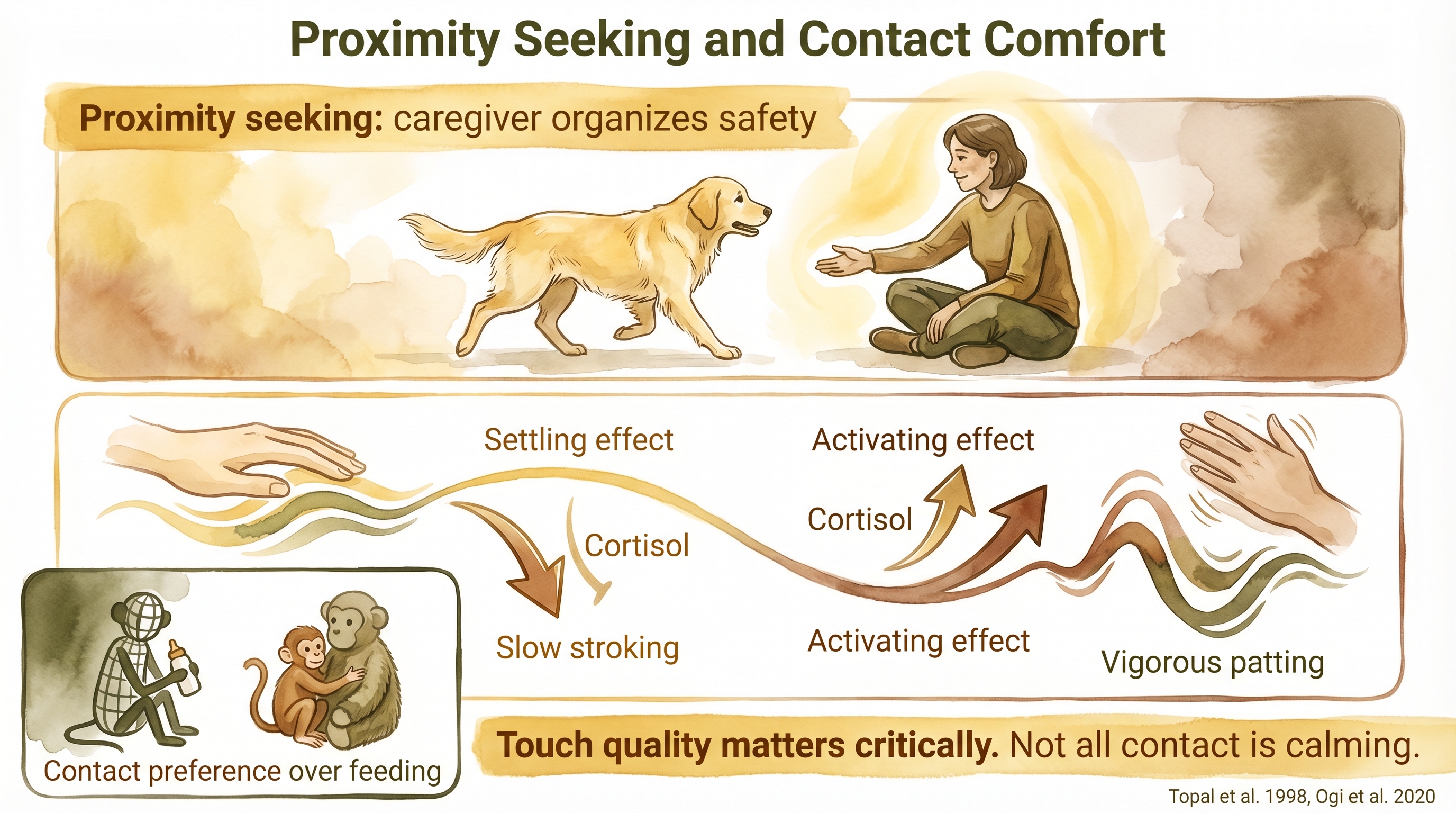 Infographic: Proximity seeking and contact comfort showing Harlow's findings applied to canine attachment - Just Behaving Wiki