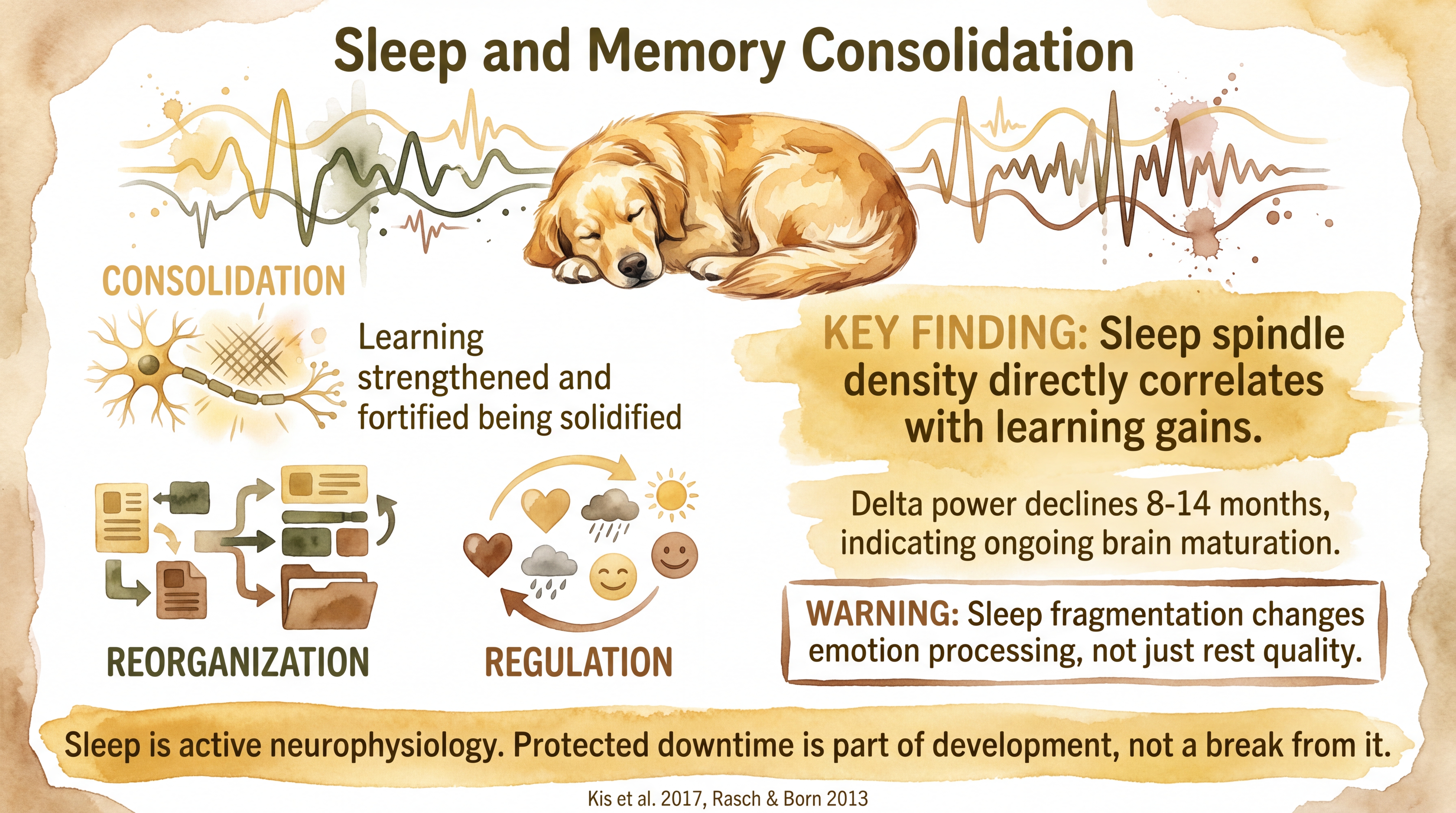 Infographic: Sleep and memory consolidation showing REM and NREM roles in canine learning - Just Behaving Wiki