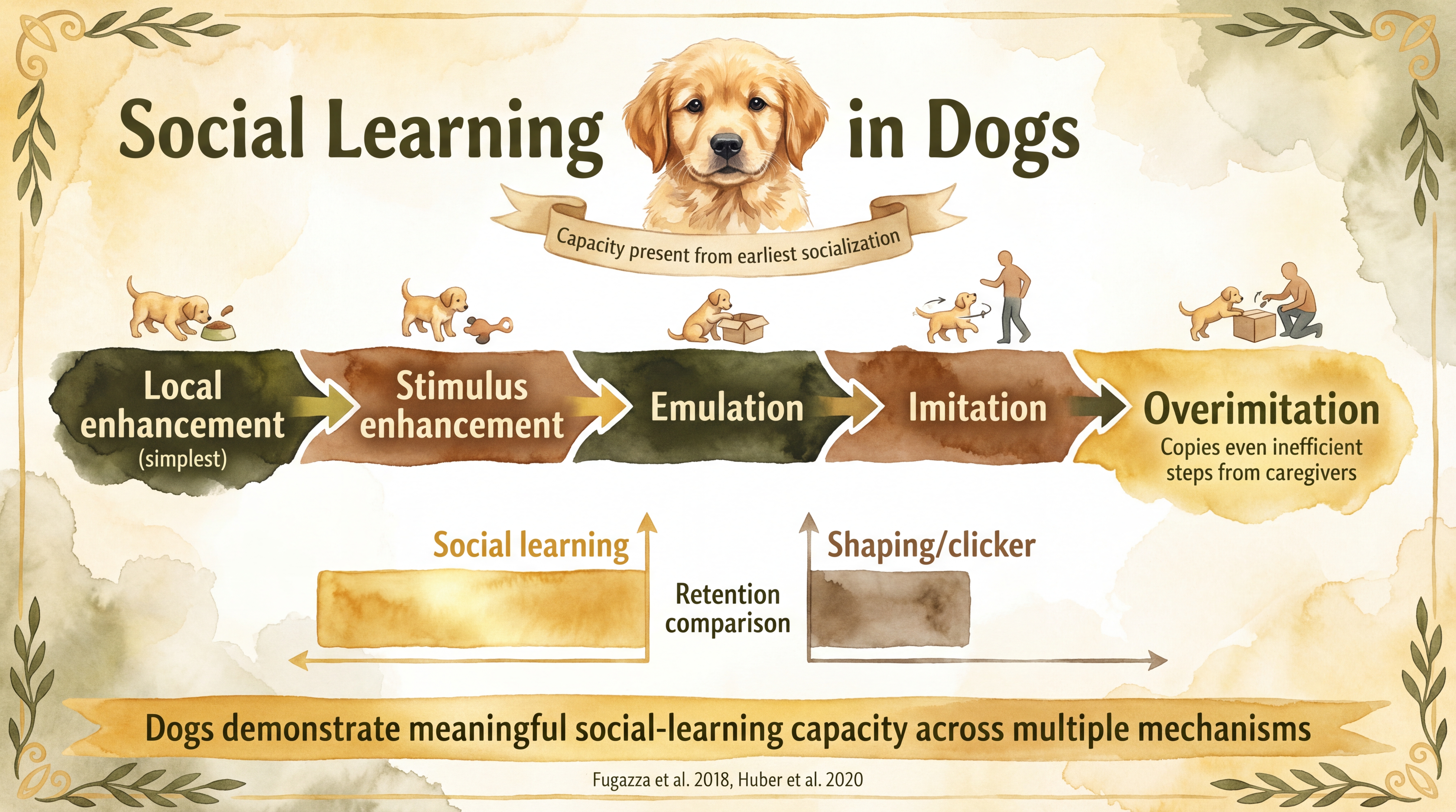 Infographic: Social learning in dogs overview showing observation, emulation, and imitation pathways - Just Behaving Wiki