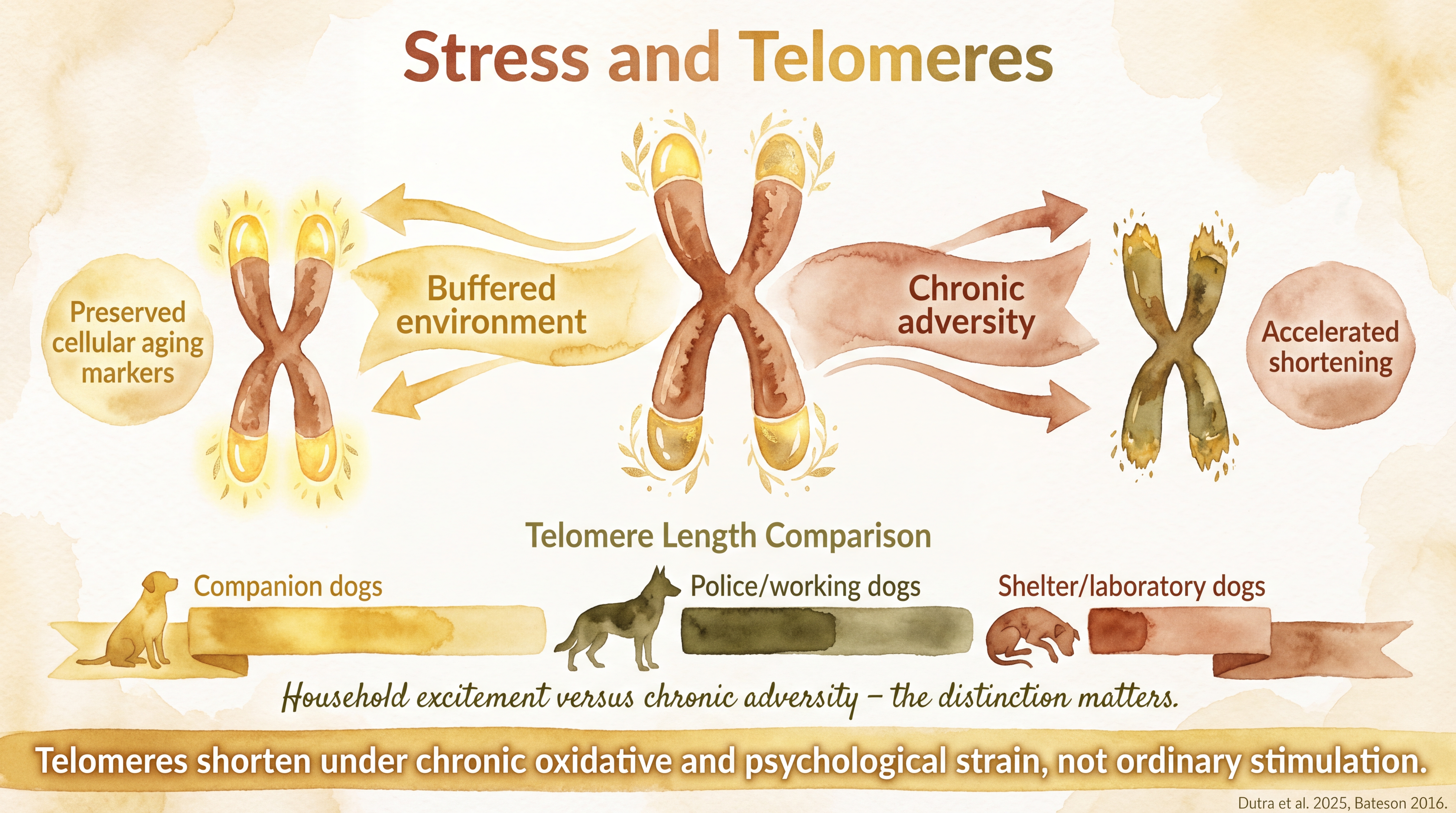 Infographic: Stress and telomeres showing chronic stress accelerating cellular aging markers - Just Behaving Wiki