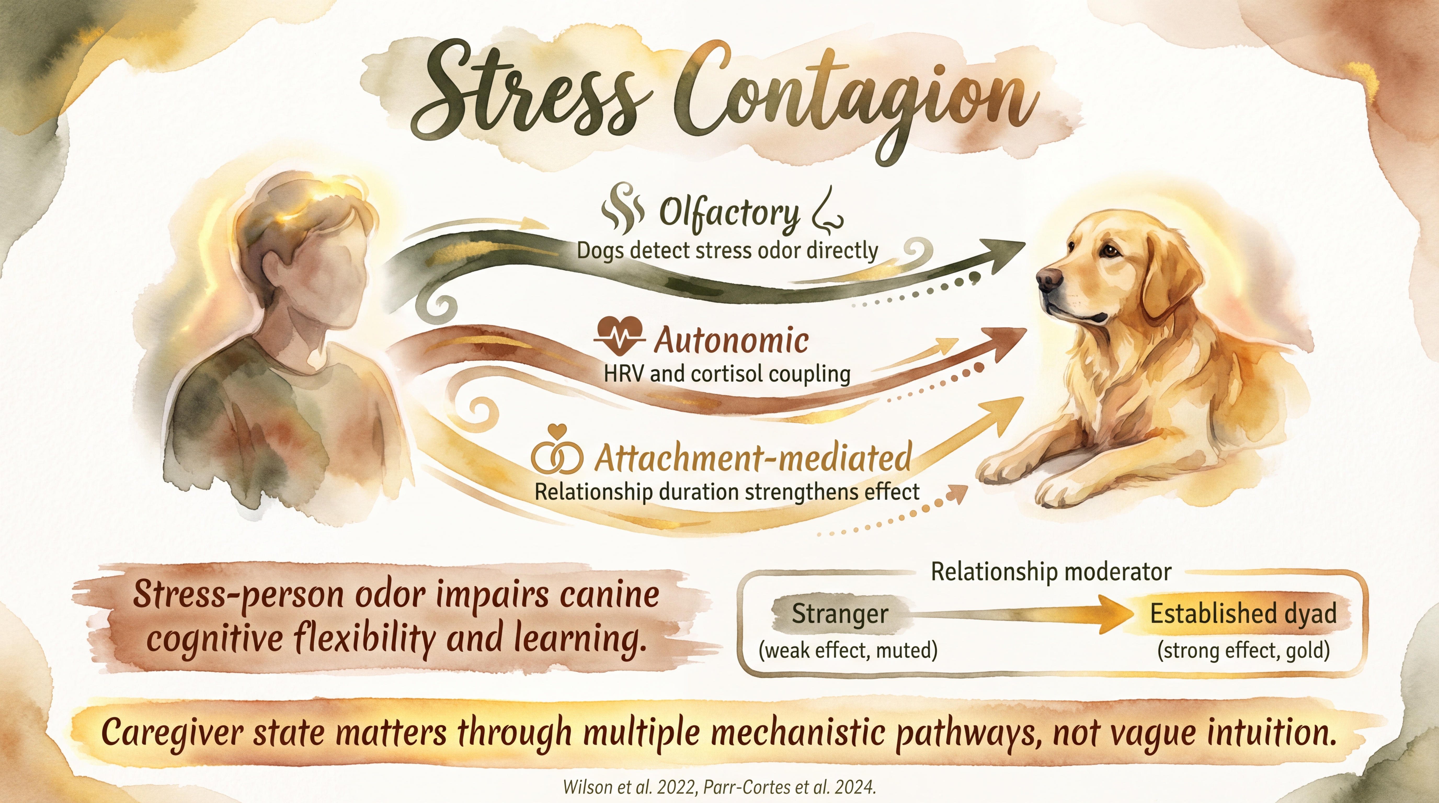 Infographic: Stress contagion in dogs showing cortisol synchronization between dog and caregiver - Just Behaving Wiki