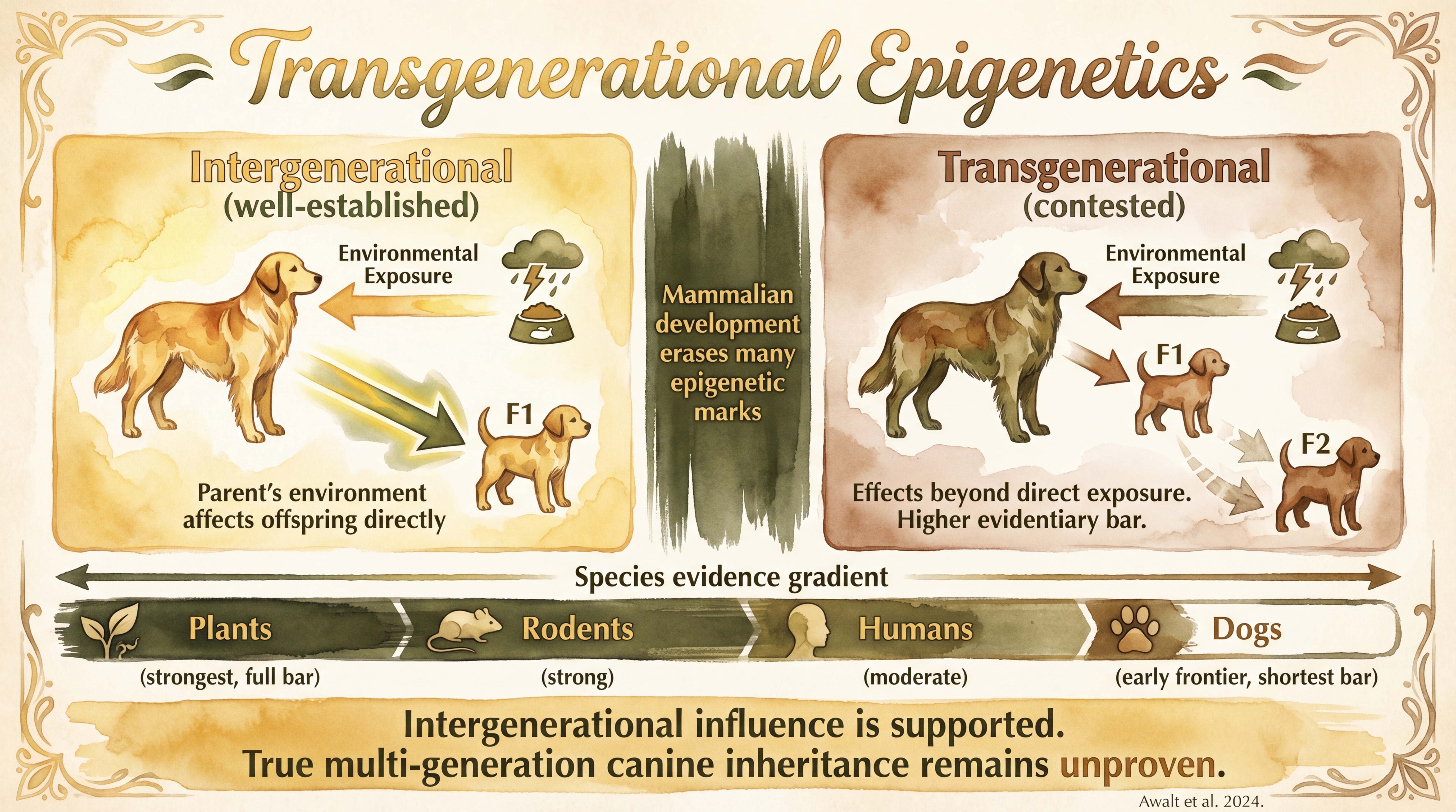 Infographic: Transgenerational epigenetic effects showing how parental stress marks offspring gene expression - Just Behaving Wiki