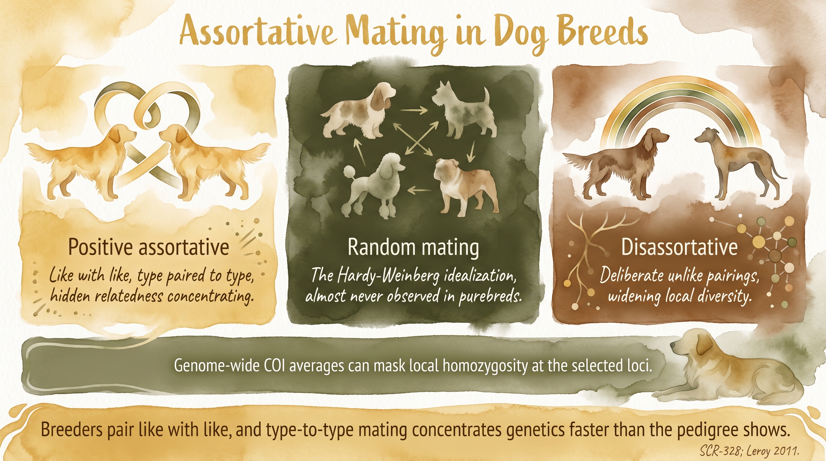 Infographic: Assortative mating in dog breeds showing three facing panels for positive, random, and disassortative pairing patterns - Just Behaving Wiki