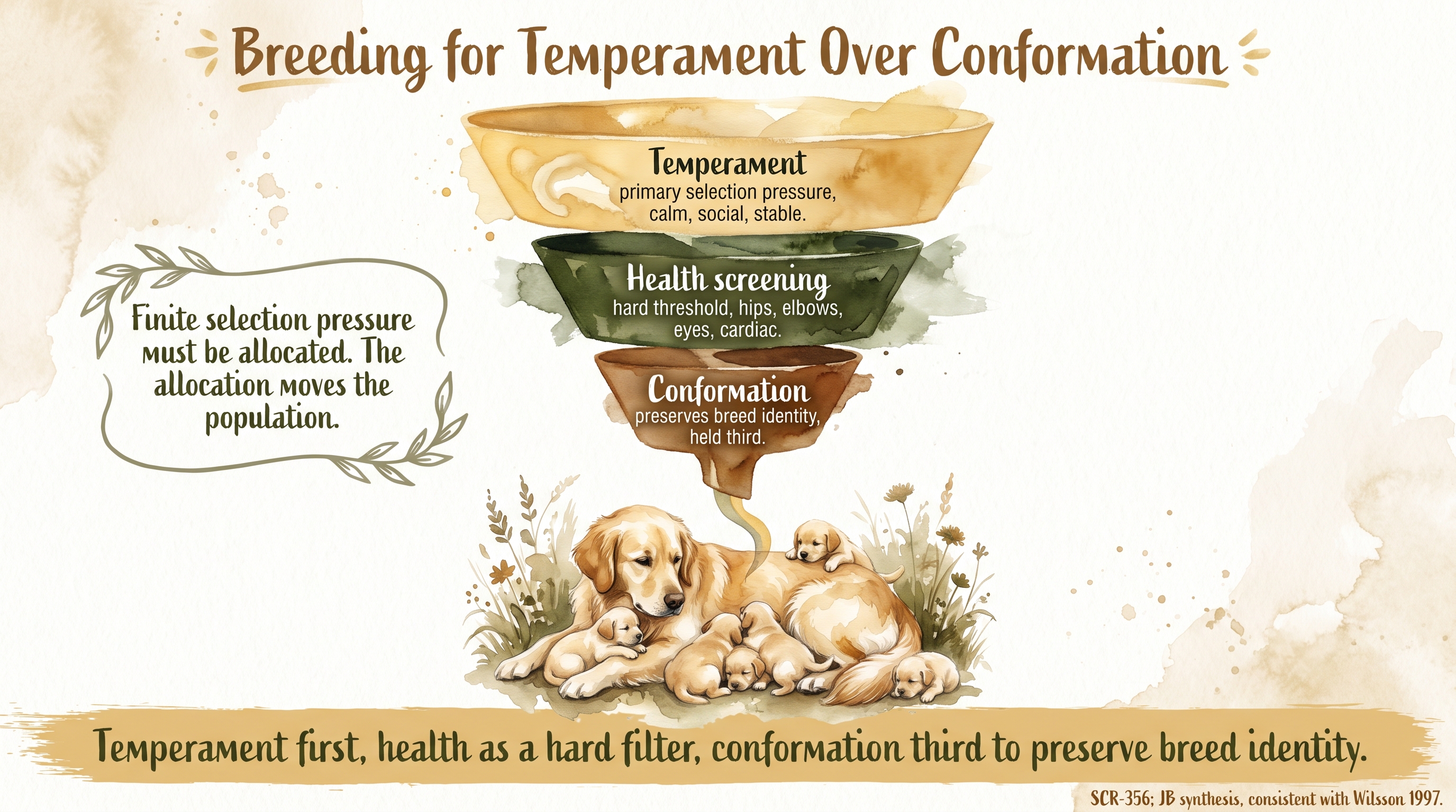 Infographic: Breeding for temperament over conformation shown as a three-stage funnel of temperament, health, and conformation filters - Just Behaving Wiki