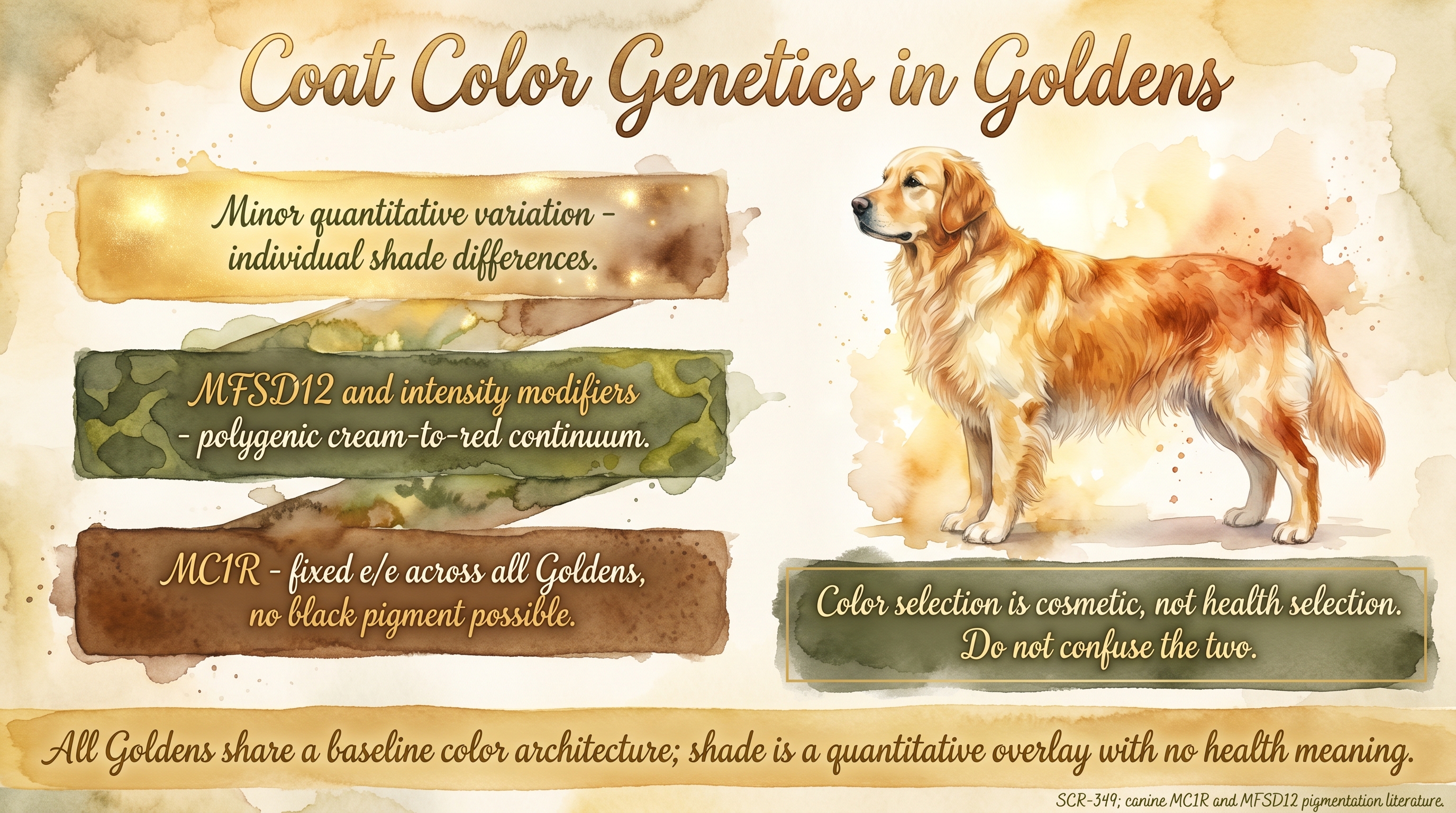 Infographic: Coat color genetics in Goldens with layered bars showing MC1R foundation, MFSD12 modifiers, and quantitative shade variation - Just Behaving Wiki