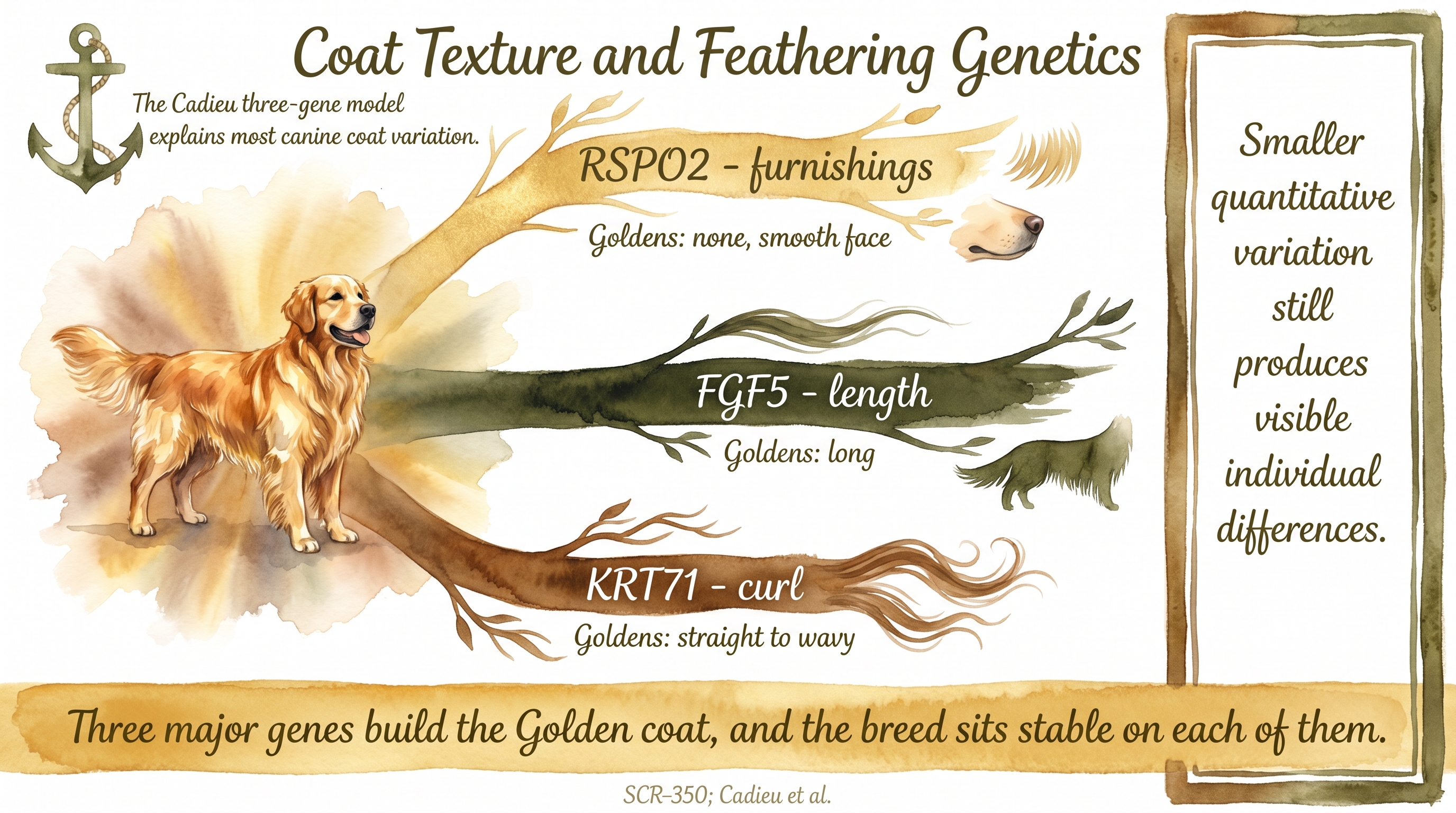 Infographic: Coat texture and feathering genetics with three-spoke wheel showing RSPO2 furnishings, FGF5 length, and KRT71 curl loci - Just Behaving Wiki