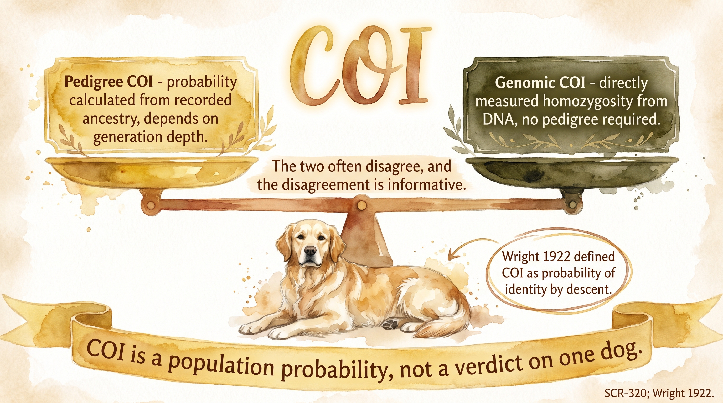 Infographic: Coefficient of inbreeding with balance scale comparing pedigree COI and genomic COI measurement methods in dogs - Just Behaving Wiki