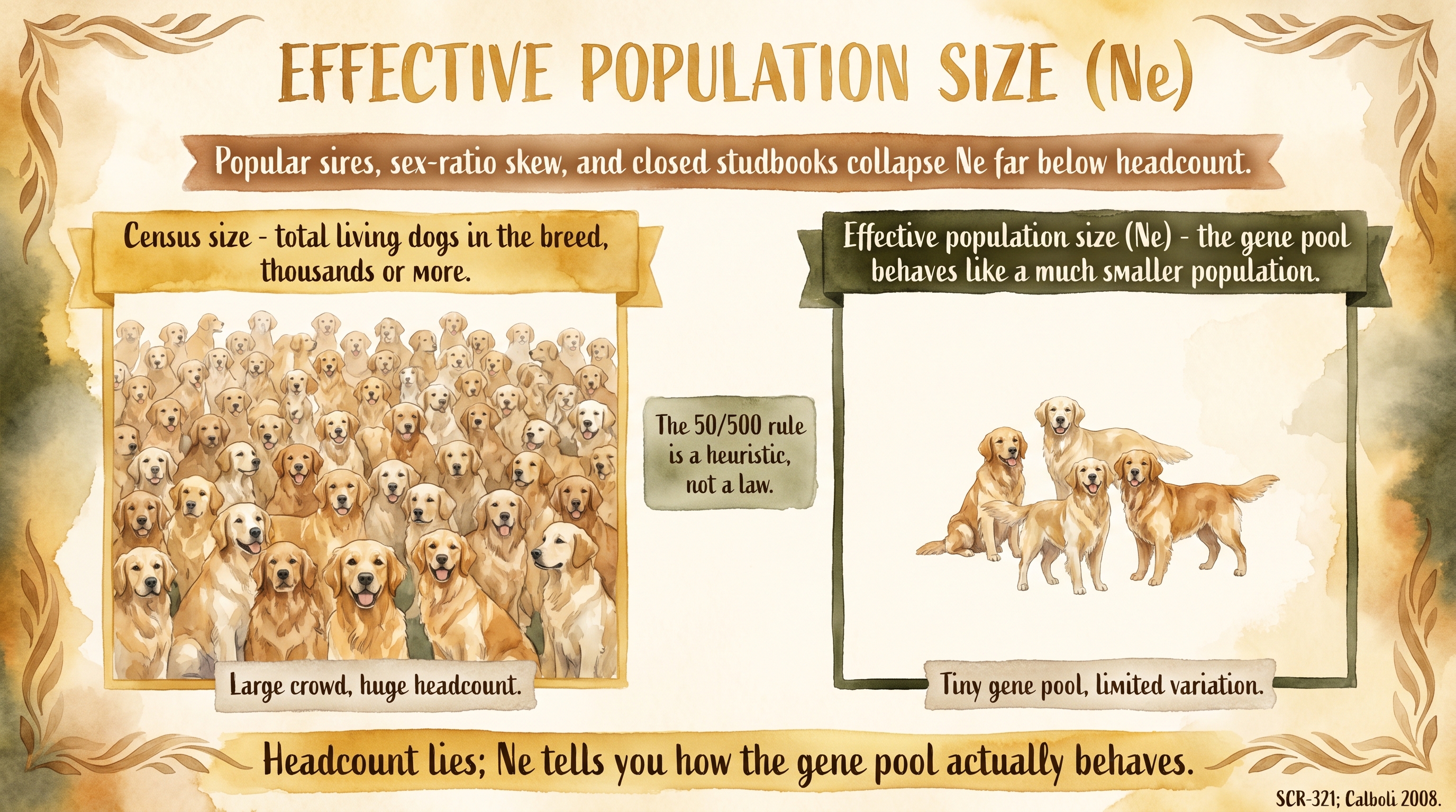 Infographic: Effective population size with two facing columns contrasting census headcount against the smaller genetic Ne in dog breeds - Just Behaving Wiki