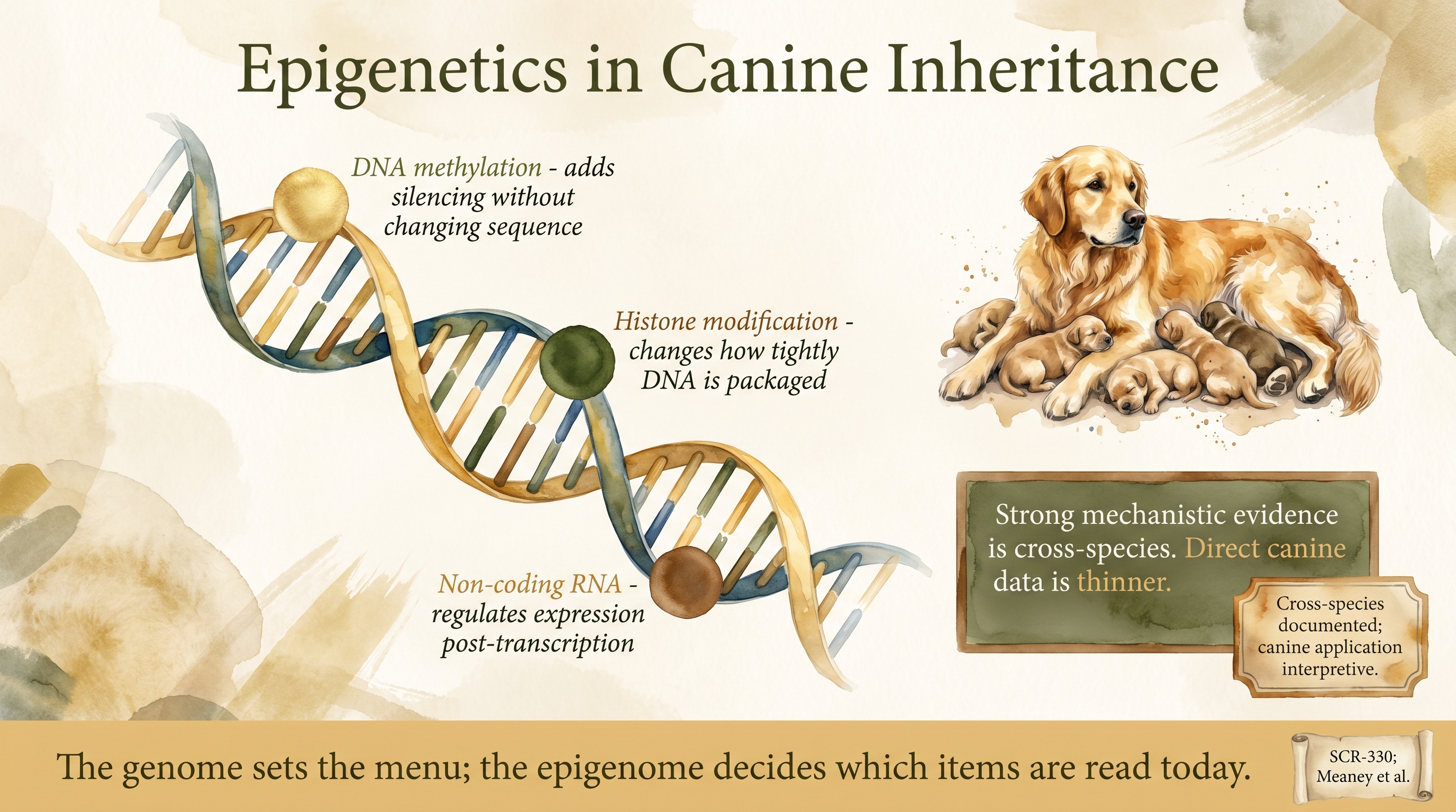 Infographic: Epigenetics in canine inheritance with DNA double helix showing methylation, histone modification, and non-coding RNA marks - Just Behaving Wiki