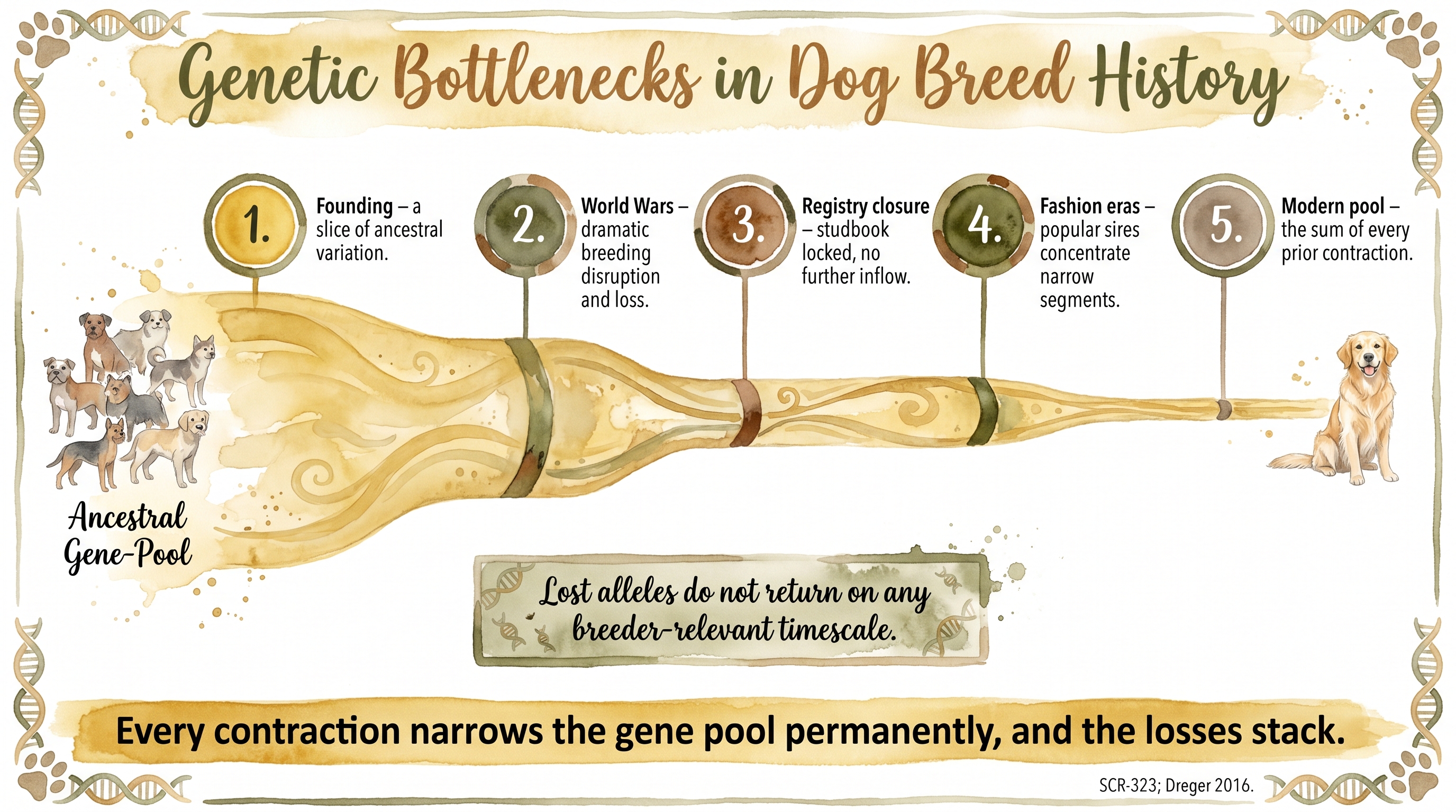 Infographic: Genetic bottlenecks in dog breed history shown as a horizontal timeline with gene pool narrowing at each contraction event - Just Behaving Wiki