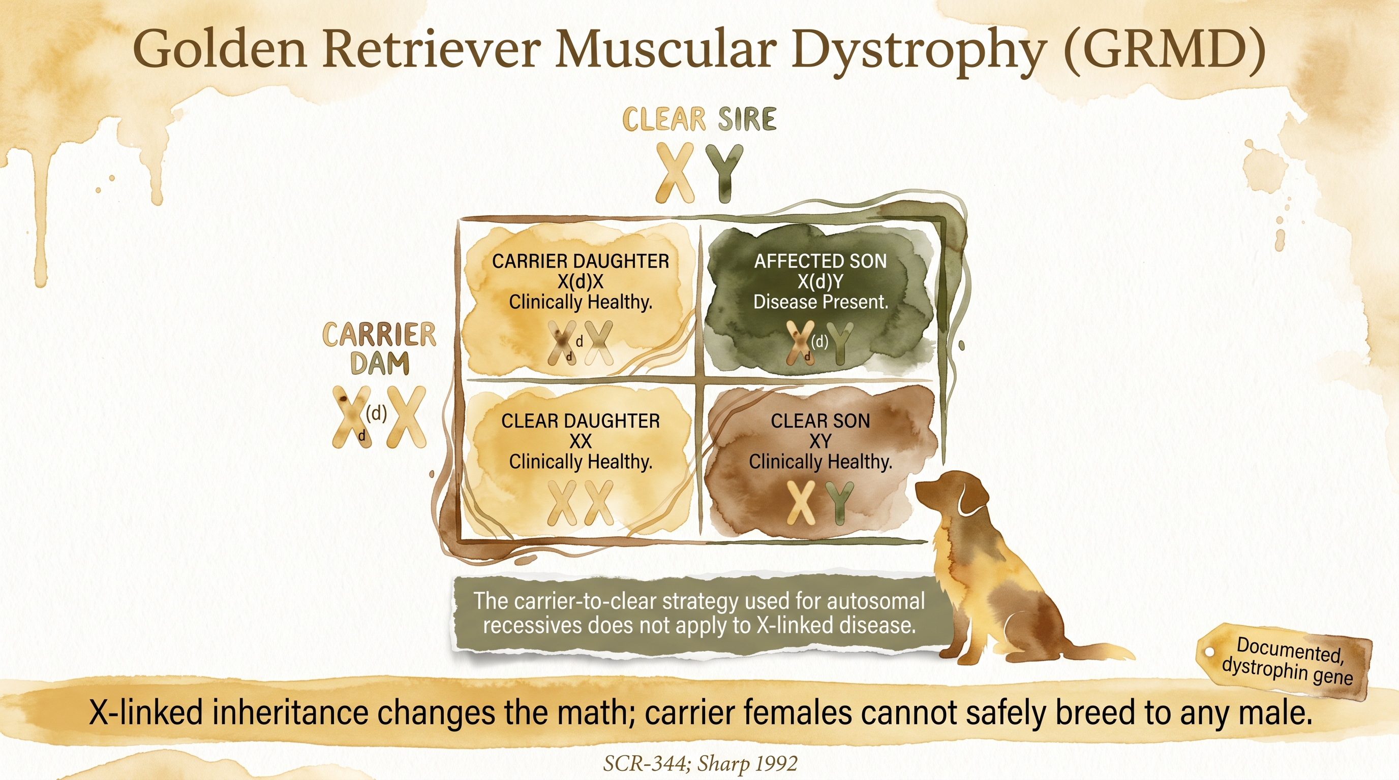 Infographic: Golden Retriever Muscular Dystrophy with X-linked Punnett square showing carrier dam and clear sire inheritance outcomes - Just Behaving Wiki