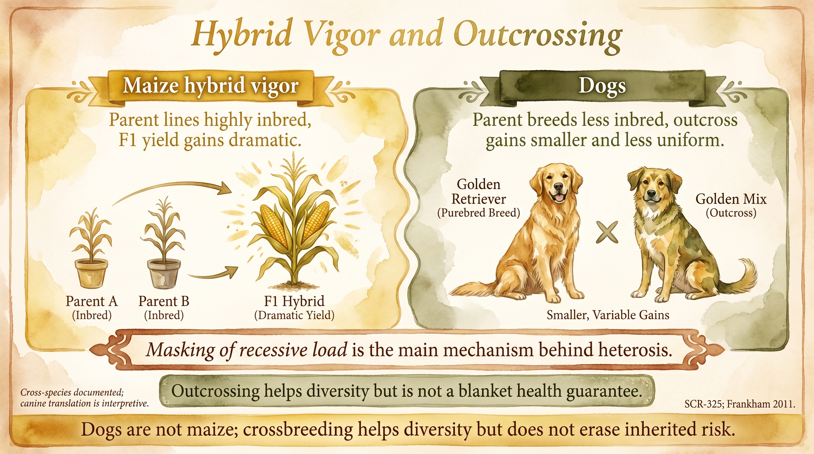 Infographic: Hybrid vigor and outcrossing with two facing columns contrasting maize heterosis against smaller dog crossbreeding gains - Just Behaving Wiki