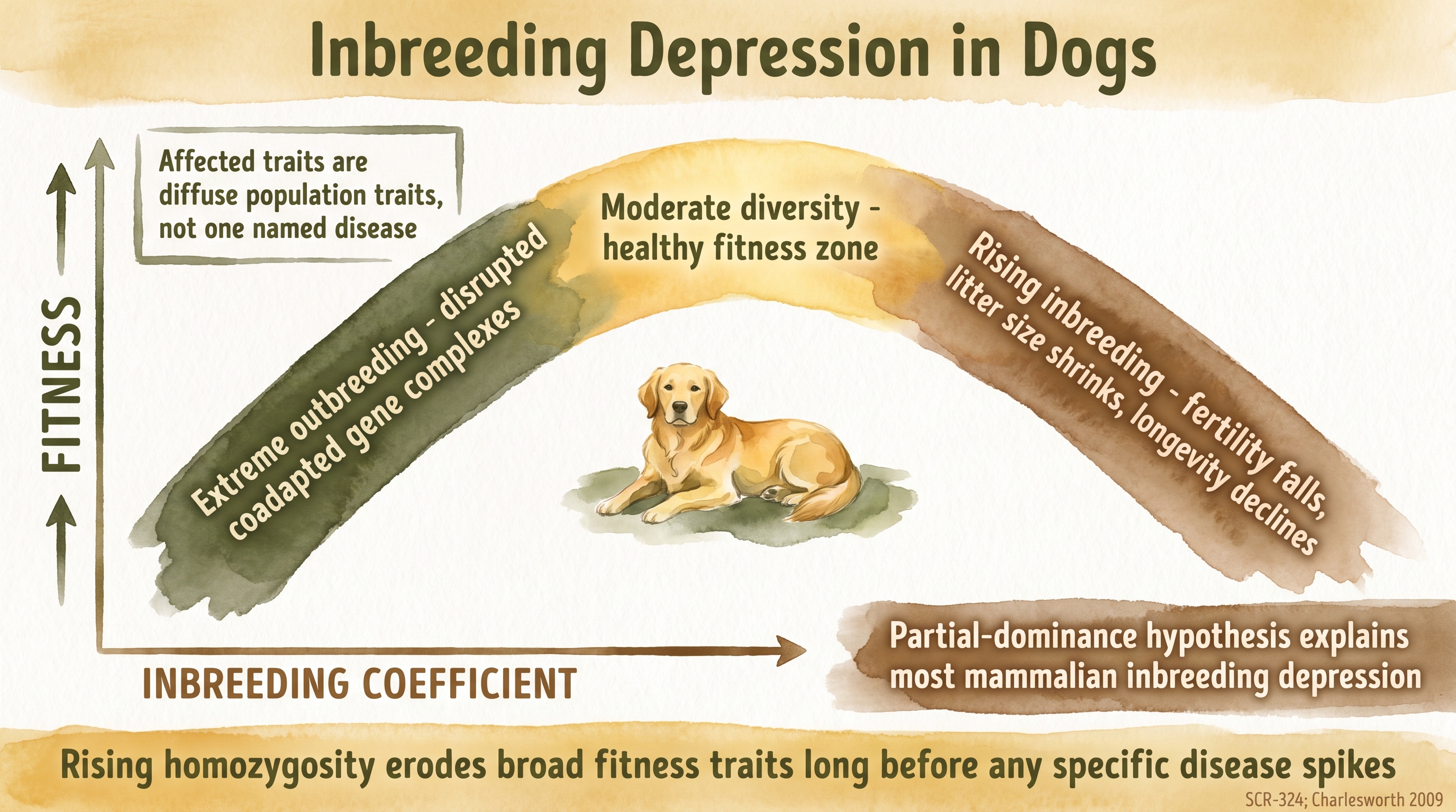 Infographic: Inbreeding depression in dogs with inverted-U fitness curve across outbreeding peak and rising inbreeding coefficient - Just Behaving Wiki