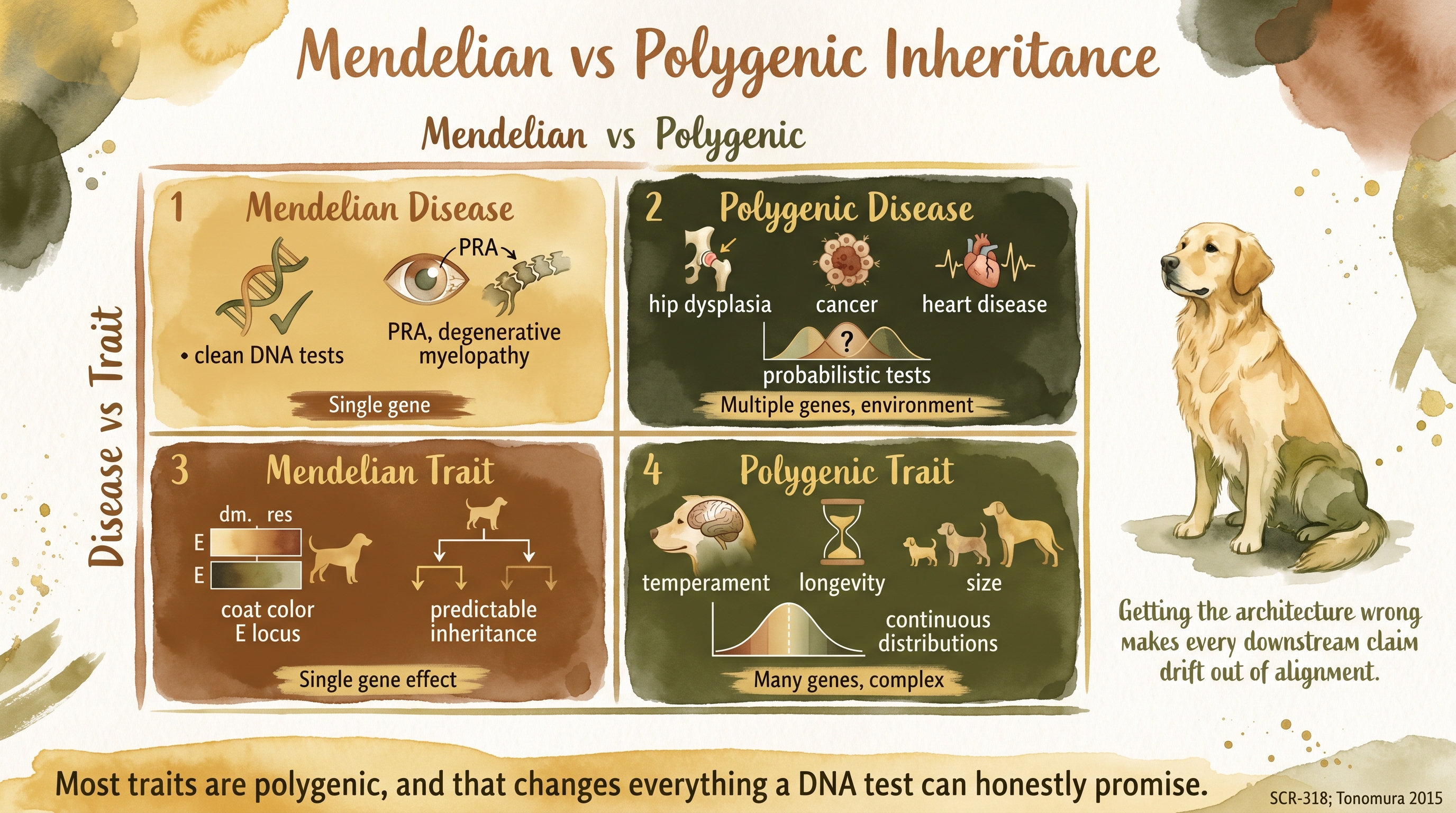 Infographic: Mendelian vs polygenic inheritance 2x2 quadrant grid crossing inheritance architecture with disease and trait categories - Just Behaving Wiki