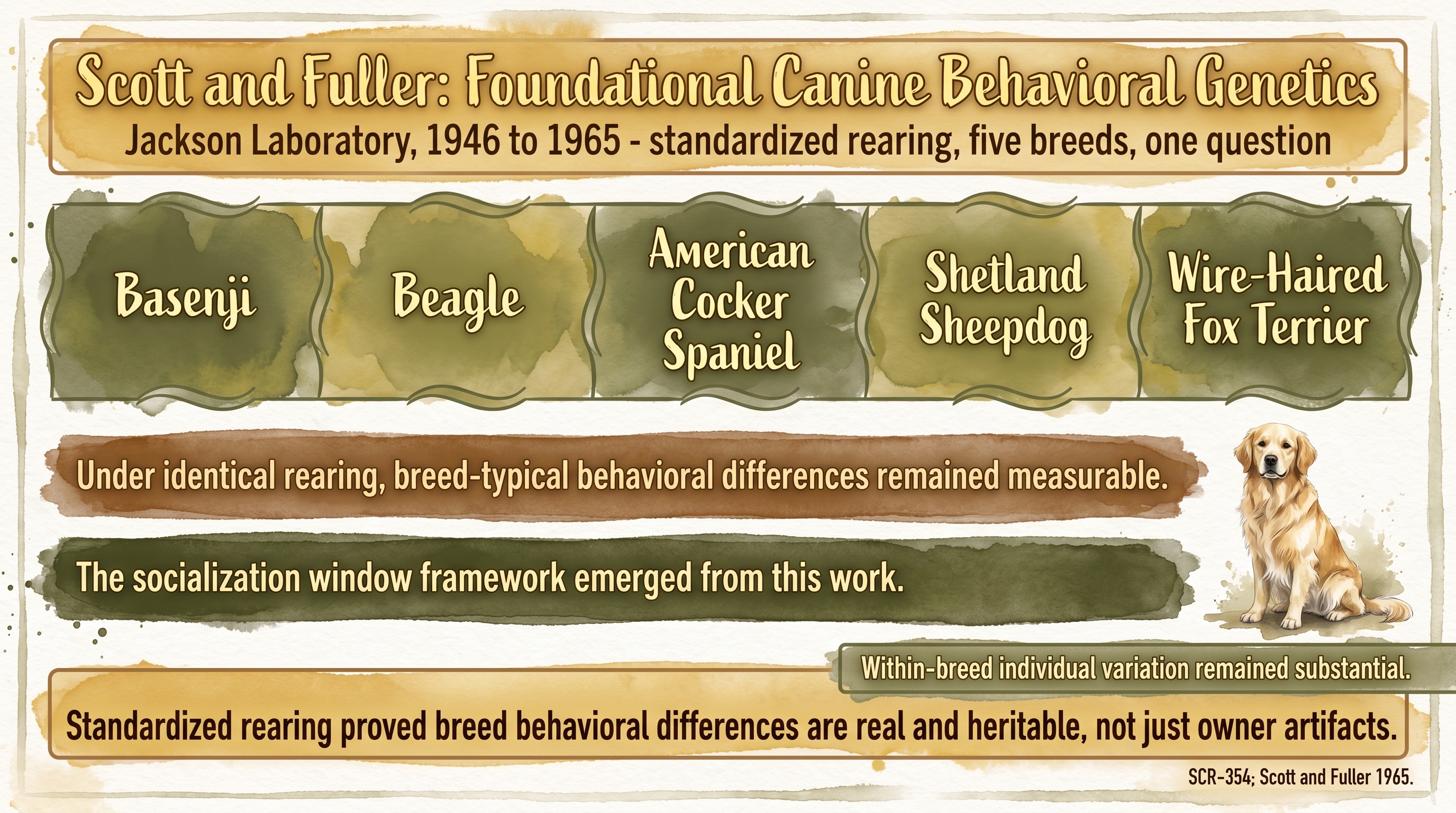 Infographic: Scott and Fuller foundational canine behavioral genetics text banner listing the five Jackson Laboratory breeds studied - Just Behaving Wiki