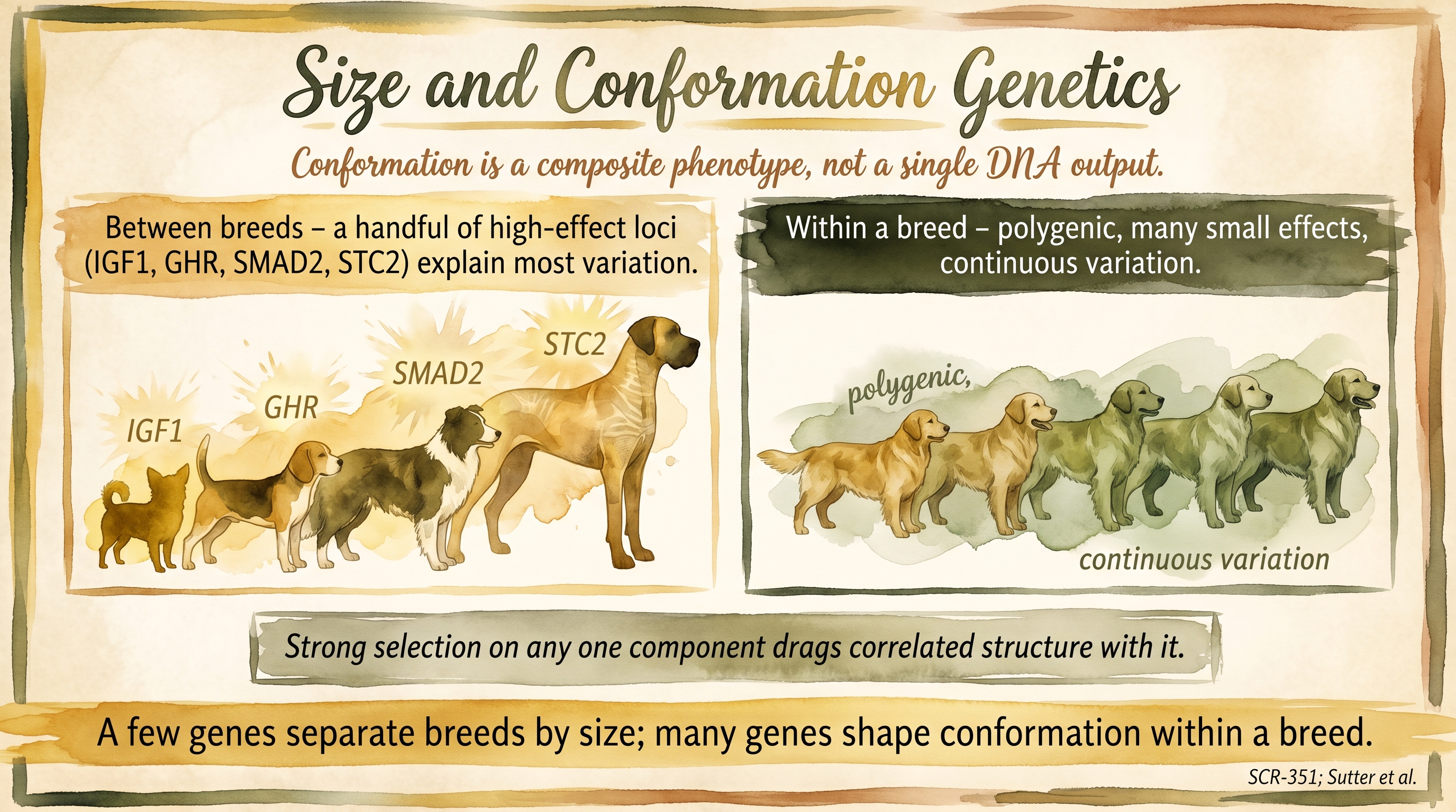 Infographic: Size and conformation genetics with two facing columns contrasting between-breed major-effect loci and within-breed polygenic variation - Just Behaving Wiki