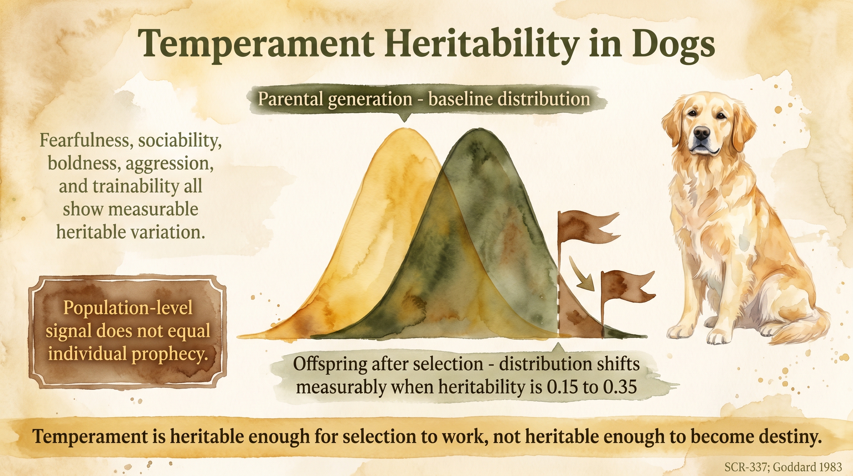 Infographic: Temperament heritability in dogs with two overlapping bell curves showing parental distribution and selected-offspring shift - Just Behaving Wiki