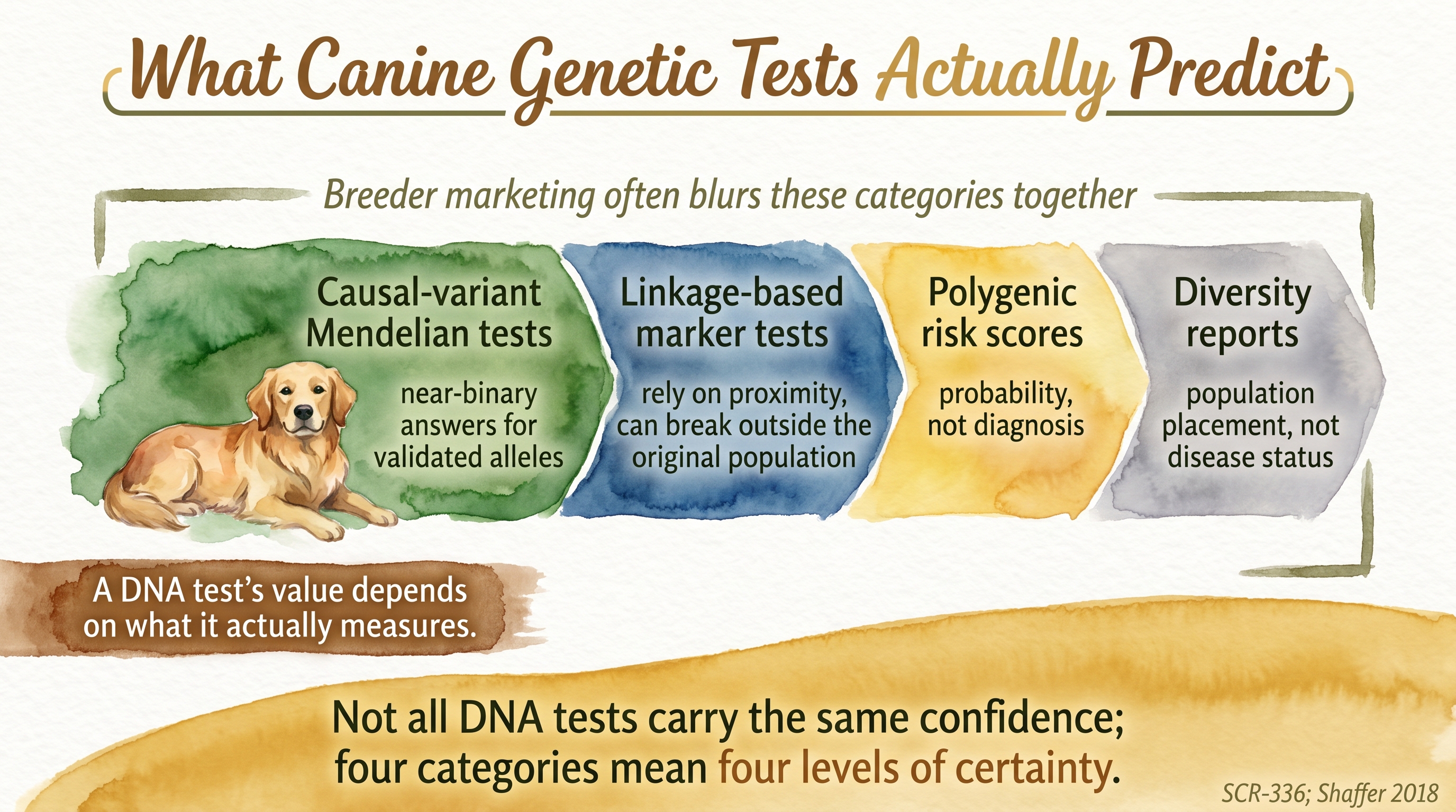 Infographic: What canine genetic tests actually predict shown as four-segment confidence meter spanning causal, linkage, polygenic, and diversity - Just Behaving Wiki