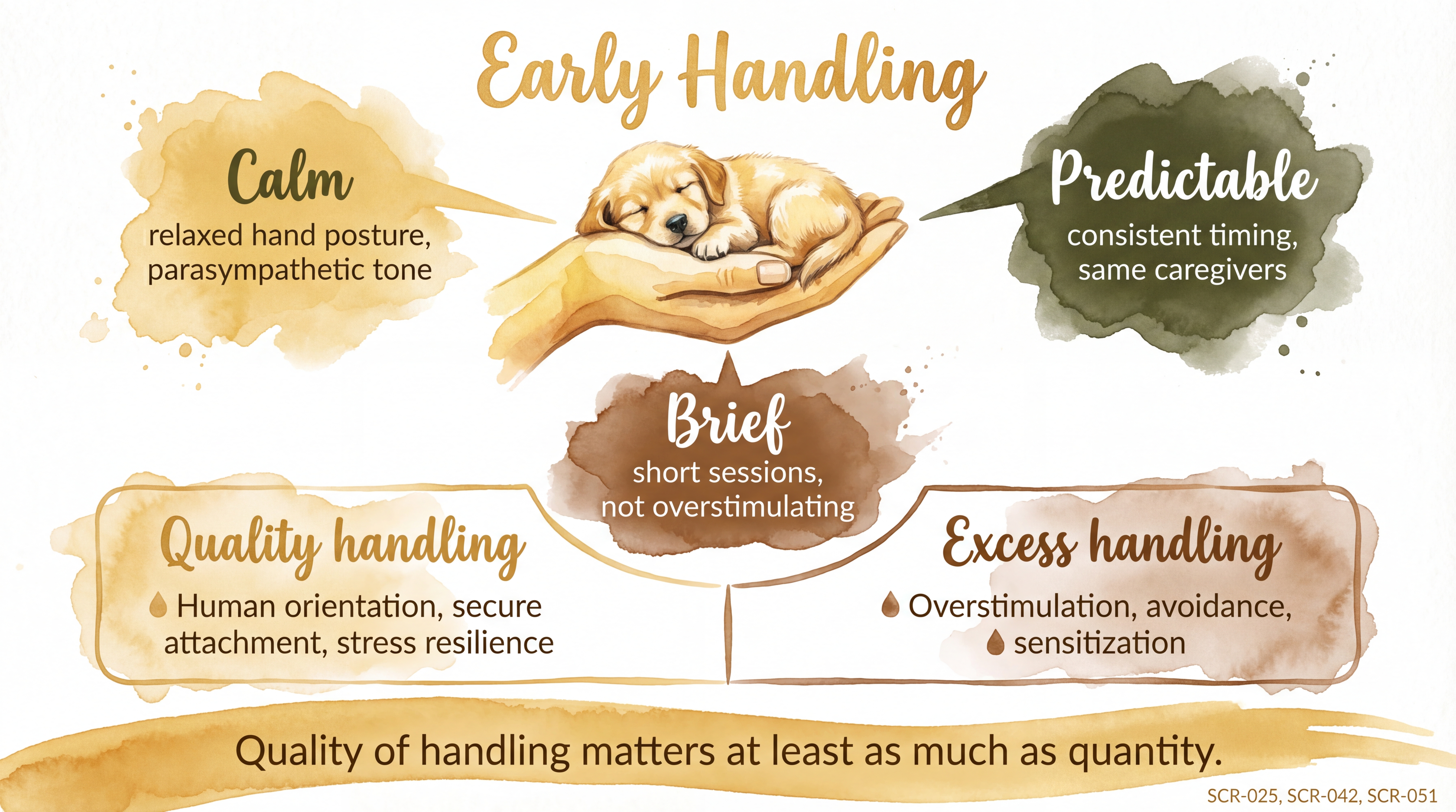 Infographic: Early handling quality indicators showing calm, predictable, brief contact principles - Just Behaving Wiki