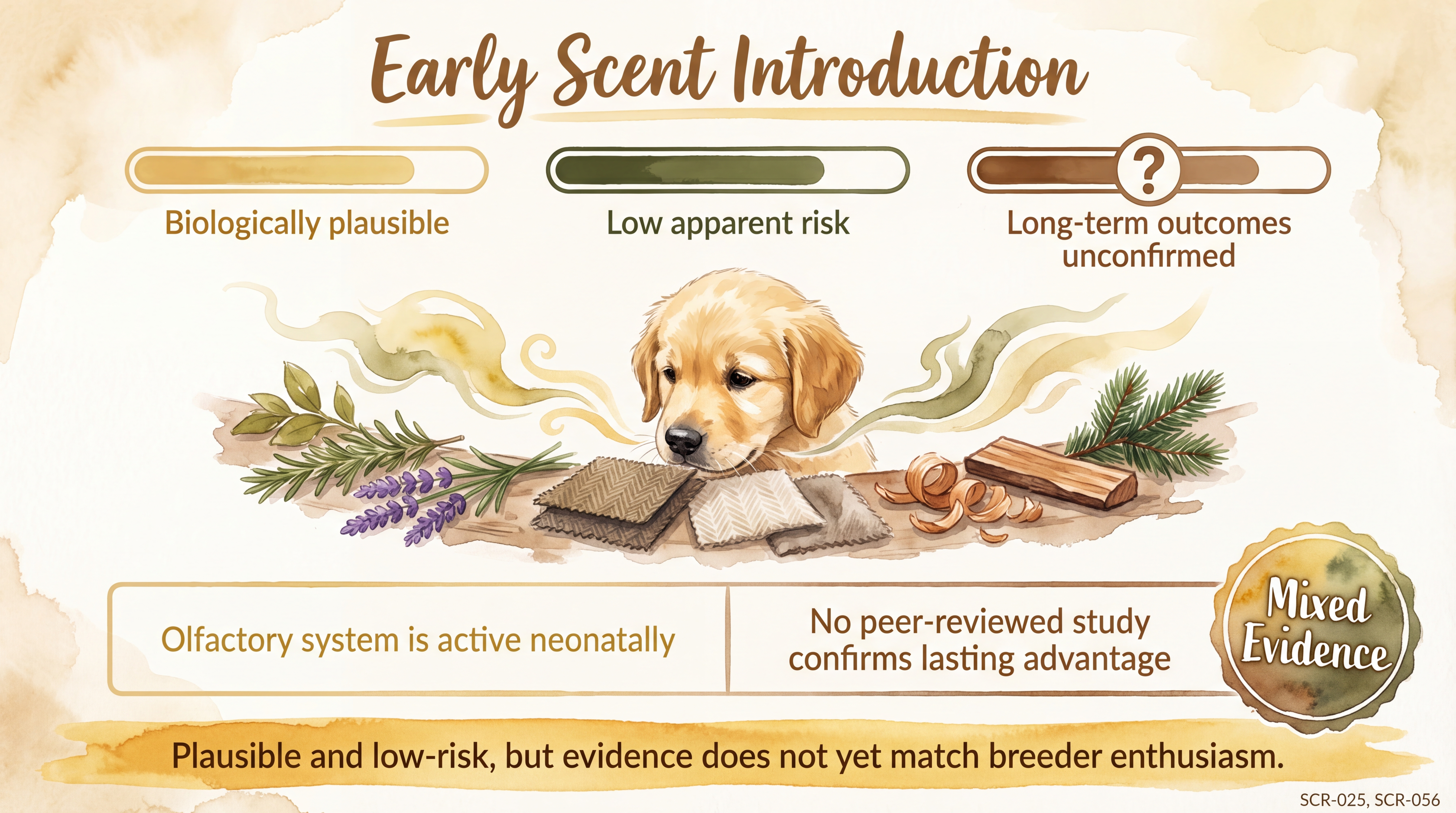 Infographic: Early scent introduction evidence assessment showing plausible mechanism with unconfirmed outcomes - Just Behaving Wiki