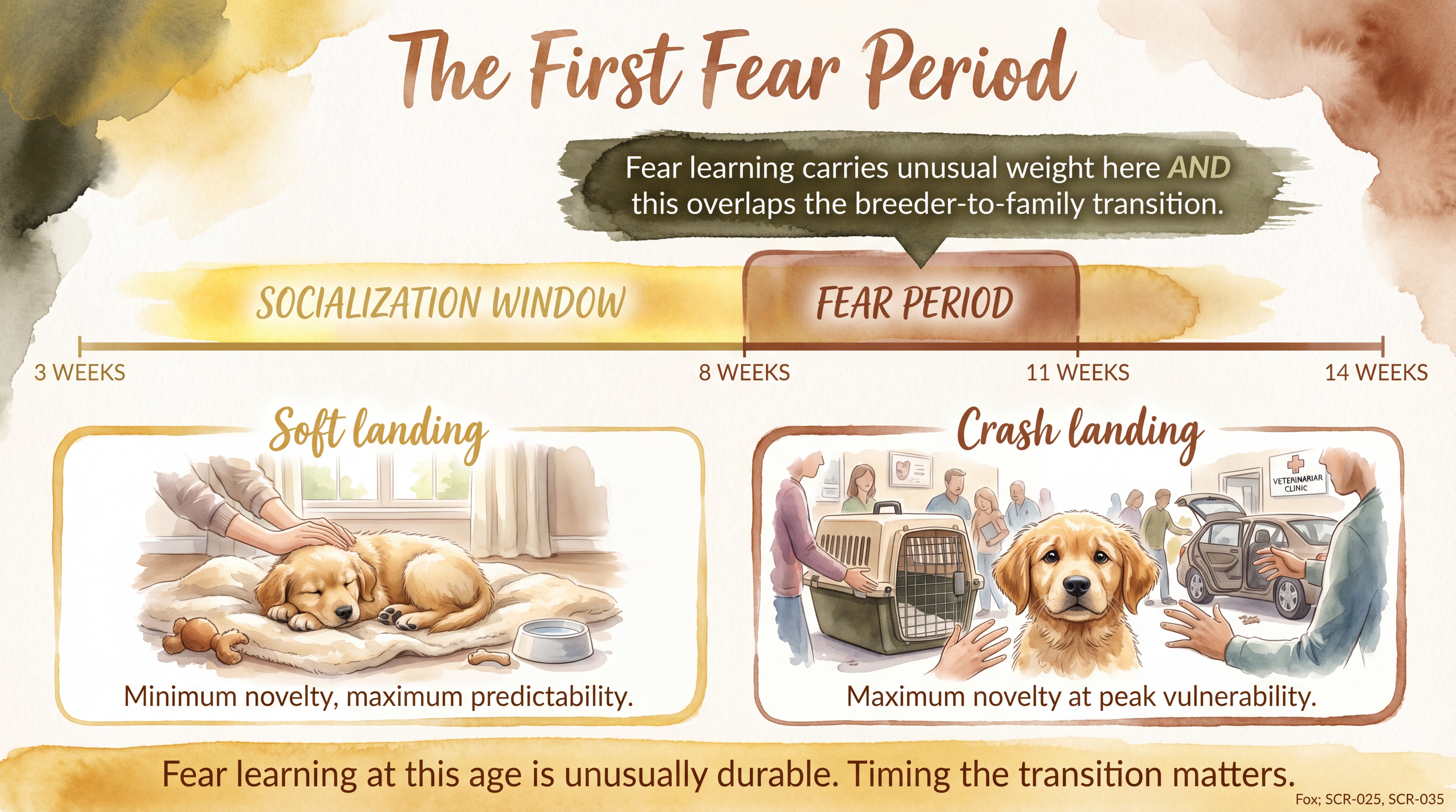 Infographic: First fear period timeline showing overlap with socialization window and breeder transition - Just Behaving Wiki