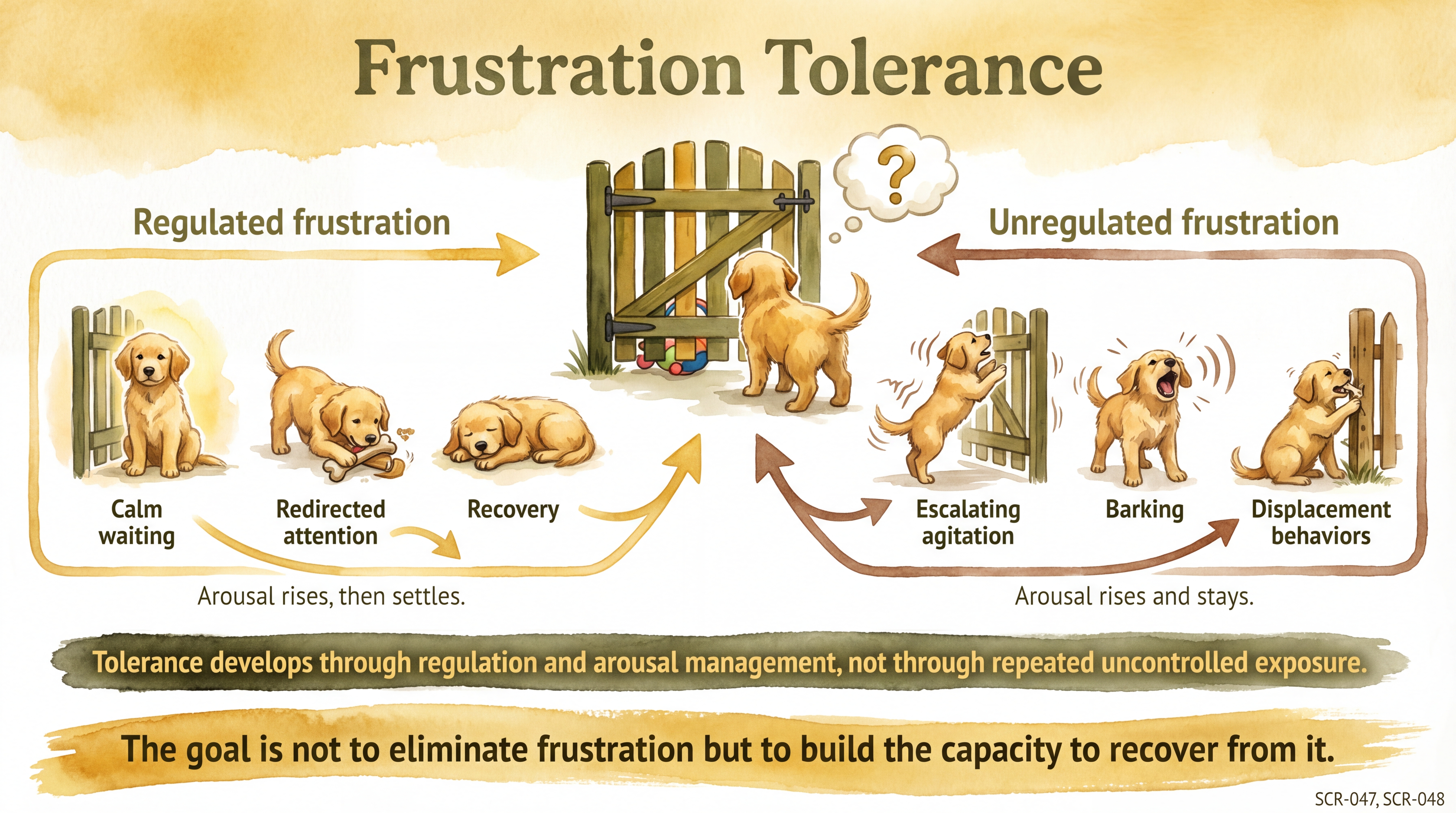 Infographic: Frustration tolerance showing regulated vs unregulated response pathways after arousal - Just Behaving Wiki