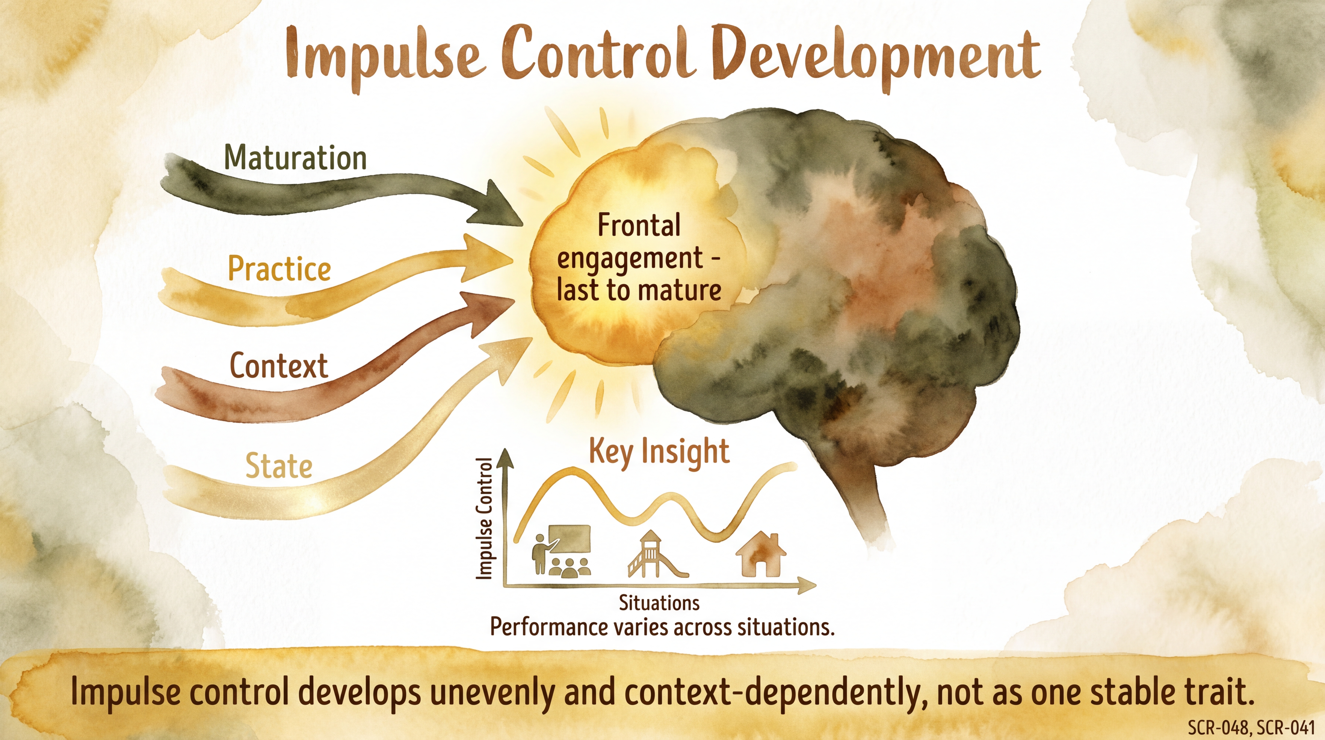 Infographic: Impulse control development showing prefrontal maturation and context-dependent performance - Just Behaving Wiki