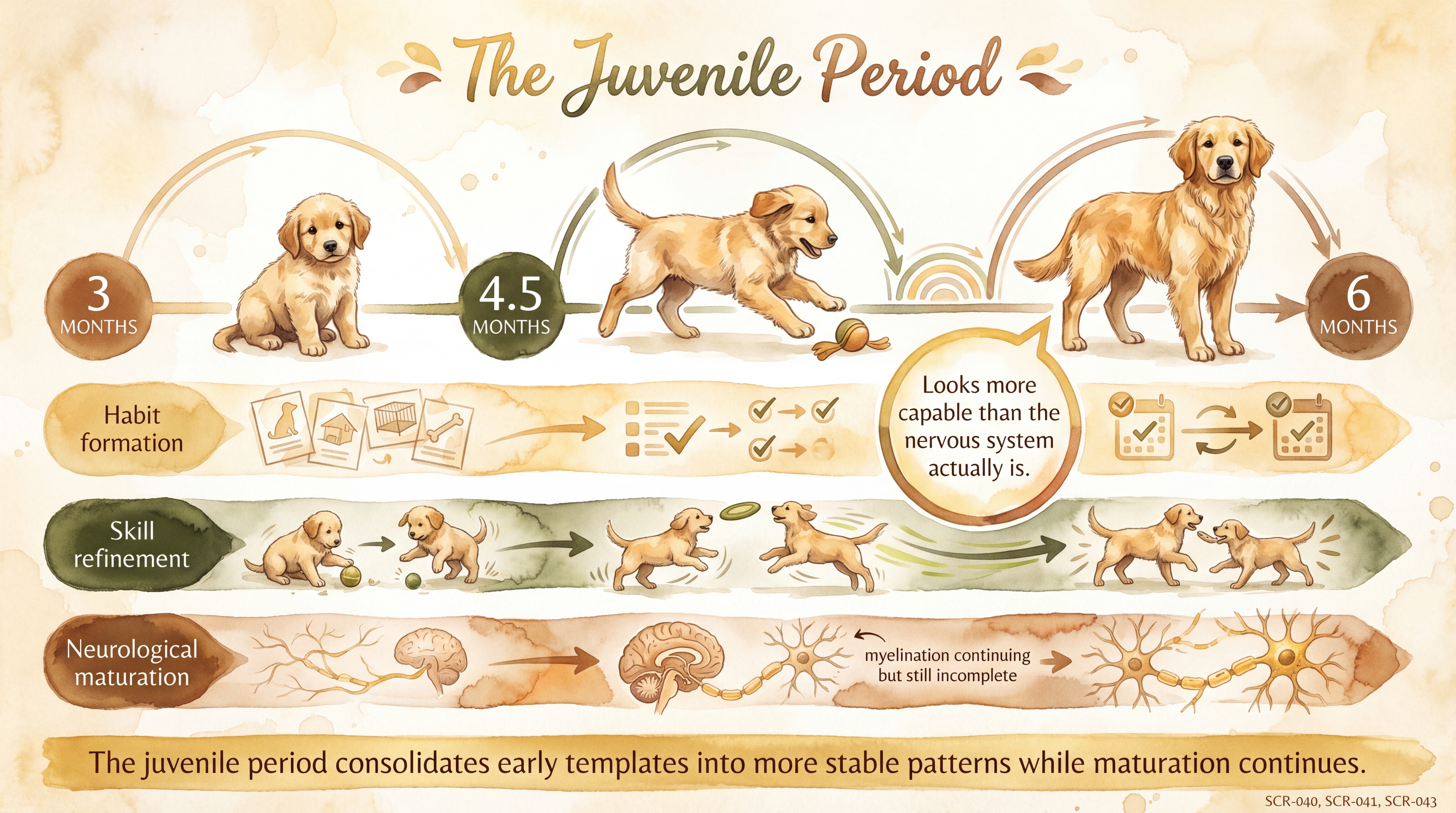 Infographic: Juvenile period developmental timeline showing habit, skill, and neurological consolidation tracks - Just Behaving Wiki