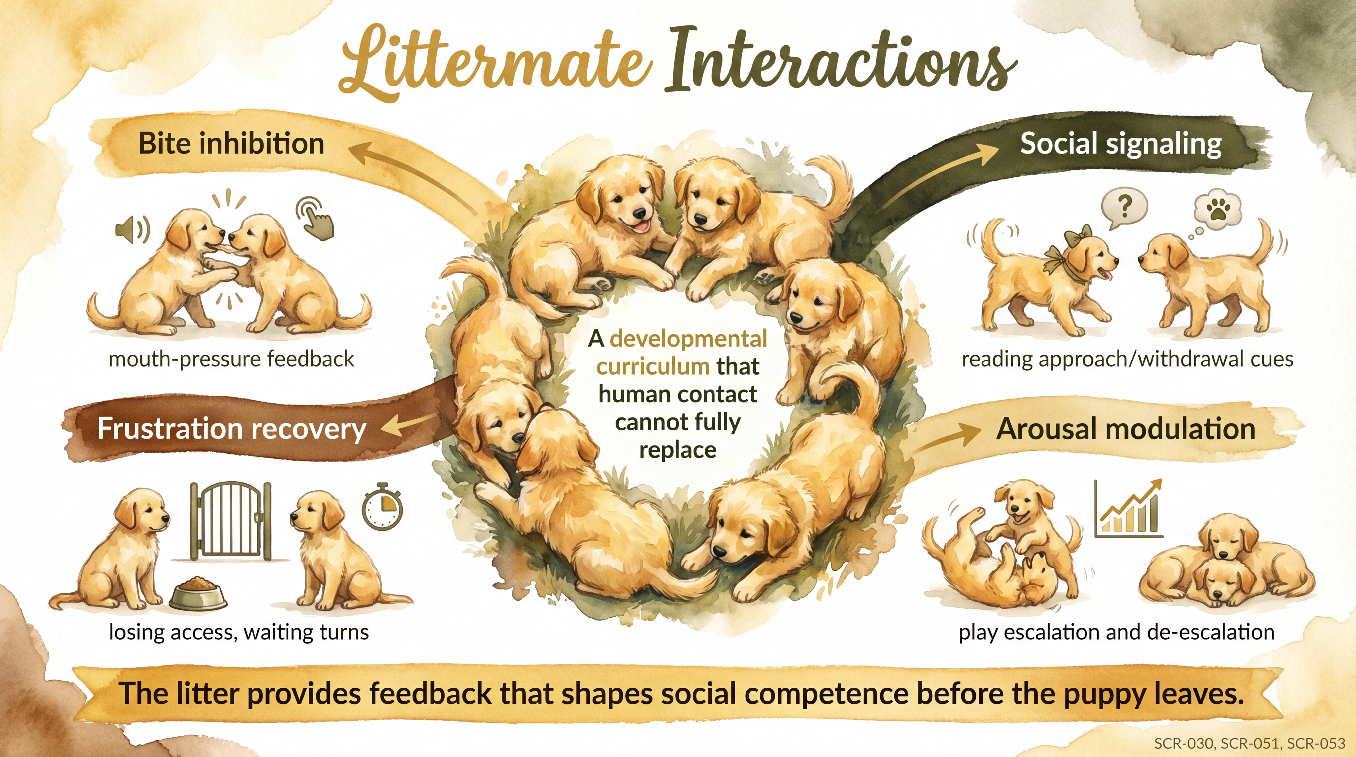 Infographic: Littermate interactions showing four social learning channels from litter experience - Just Behaving Wiki