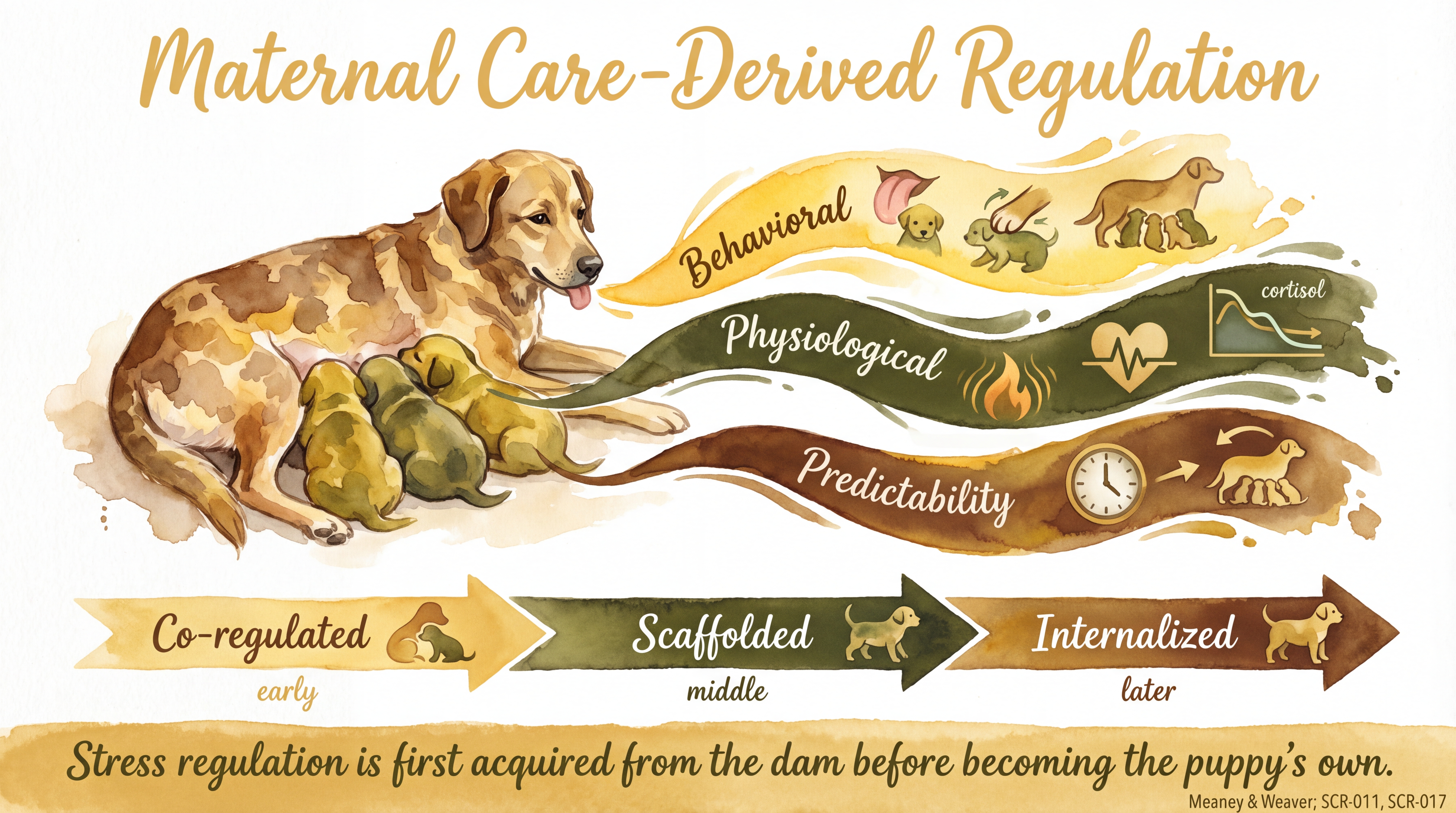 Infographic: Maternal care-derived regulation showing behavioral, physiological, and predictability pathways - Just Behaving Wiki