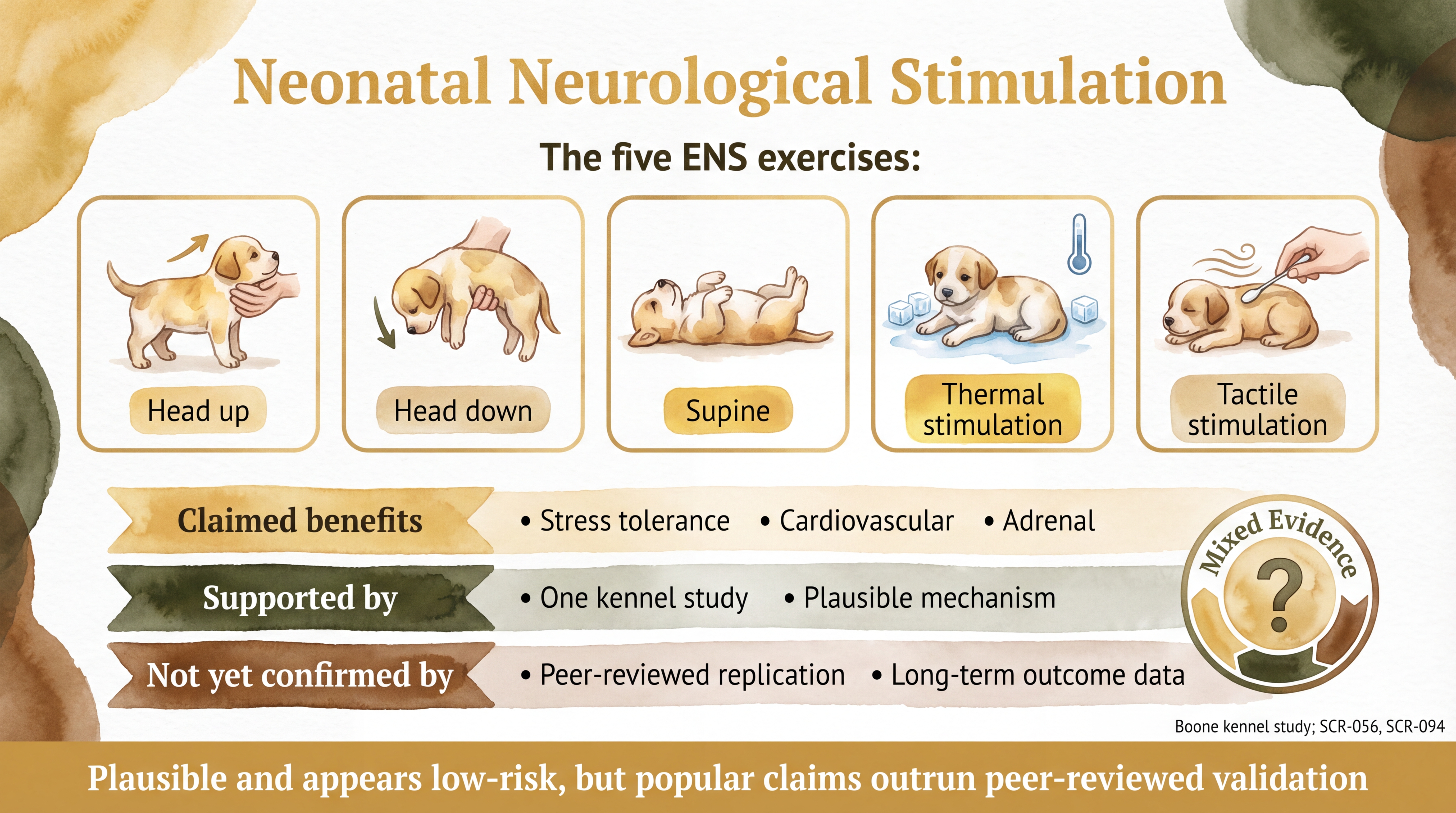 Infographic: Neonatal neurological stimulation showing five ENS exercises with tiered evidence assessment - Just Behaving Wiki